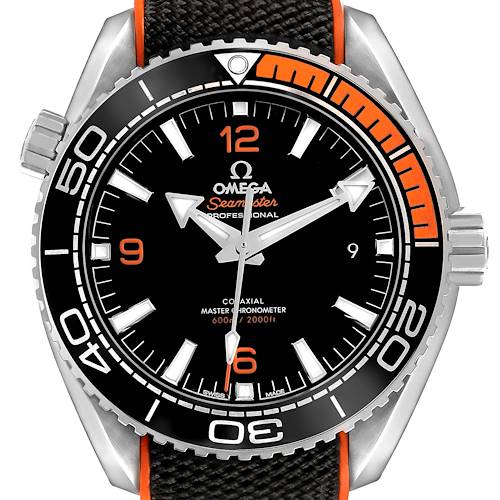 The Omega Planet Ocean 215.32.44.21.01.001 Men's Stainless Steel Black Dial watch is shown from a front angle, displaying the dial, bezel, and part of the strap.