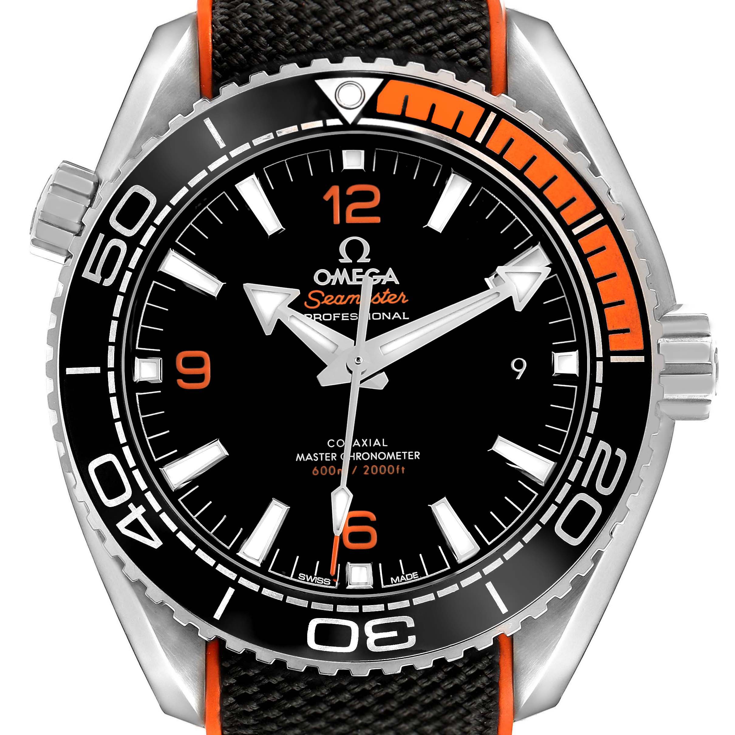 This Omega Planet Ocean 215.32.44.21.01.001 Men's Stainless Steel Black Dial watch is shown from the front, highlighting the dial, bezel, and strap details.