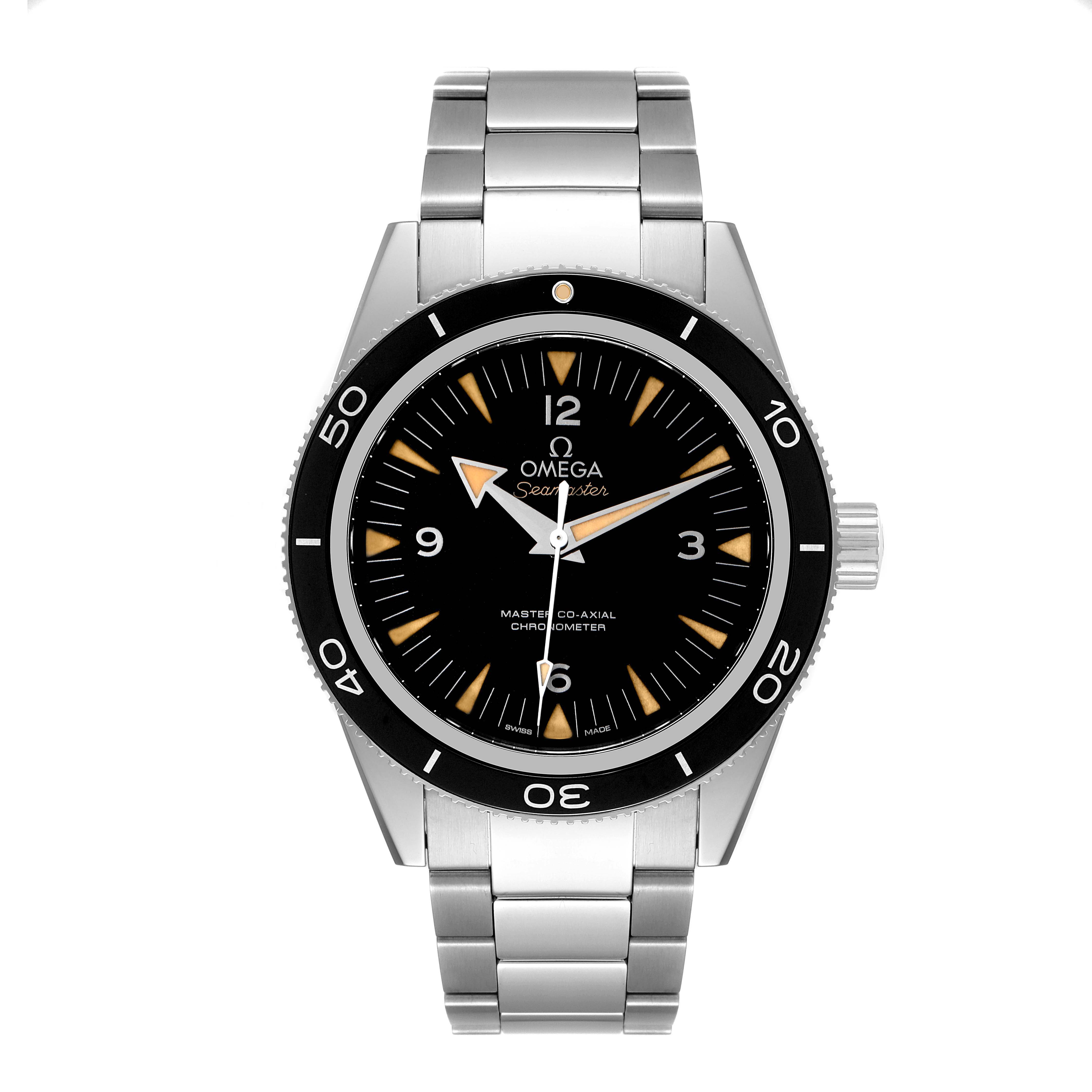 The image shows a front view of an Omega Seamaster 233.30.41.21.01.001 Men's Stainless Steel Black Dial 233.30.41.21.01.001 Men's Stainless Steel Black Dial watch, displaying its face, bezel, crown, and stainless steel bracelet.