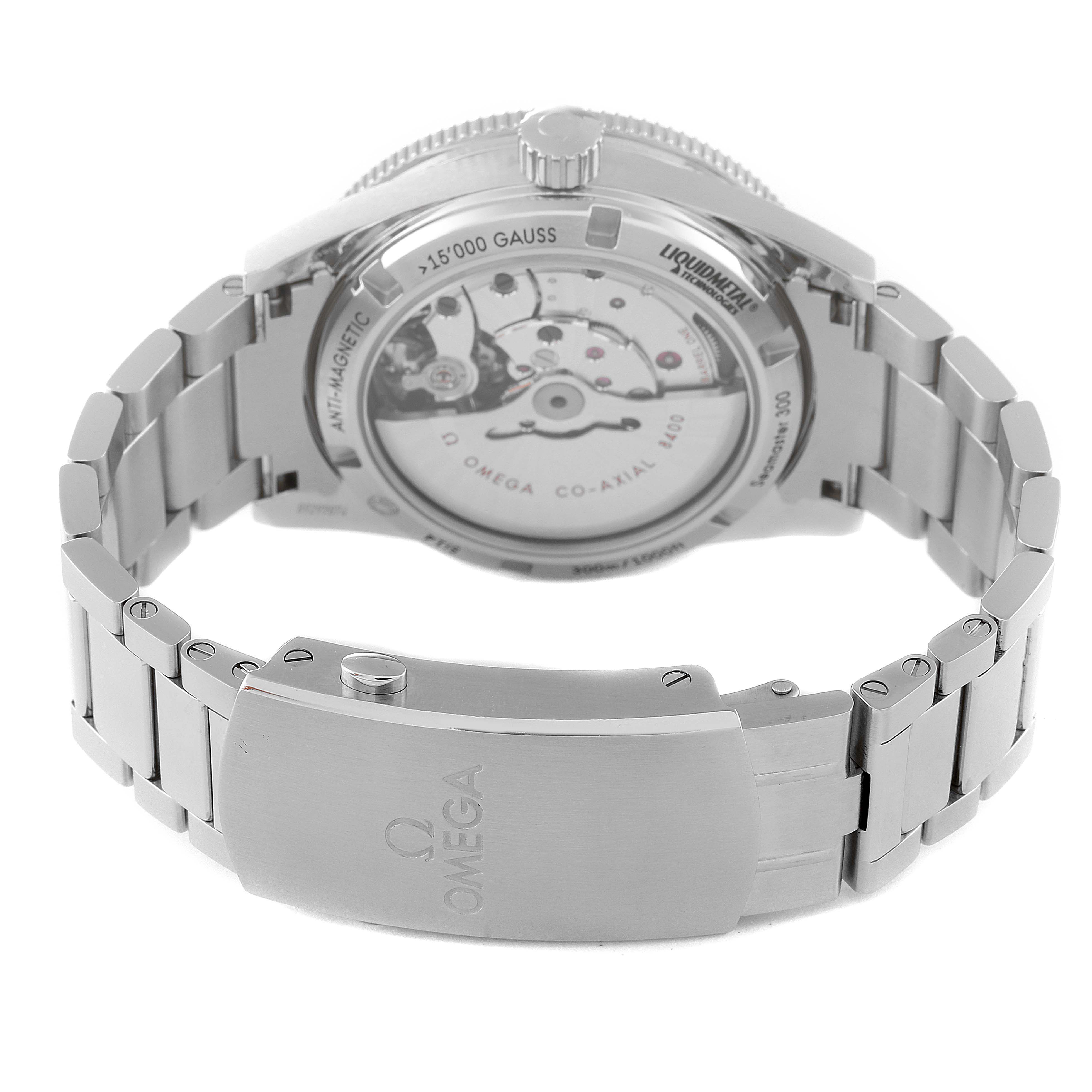 The image shows the back of the Omega Seamaster 233.30.41.21.01.001 Men's Stainless Steel Black Dial 233.30.41.21.01.001 Men's Stainless Steel Black Dial watch, highlighting the metal bracelet, clasp, and the transparent case back displaying the movement.