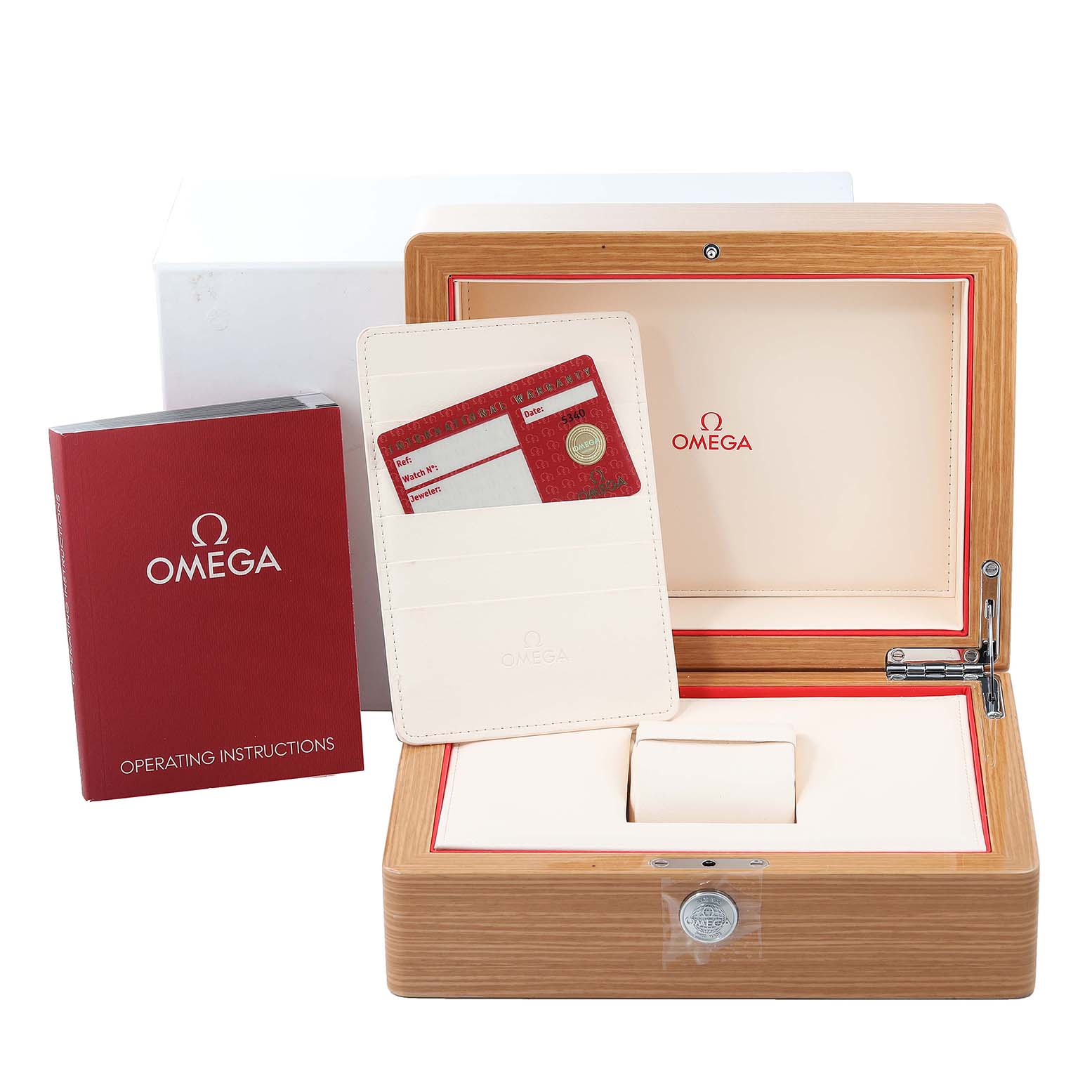 The image shows the packaging and accessories for an Omega Seamaster 233.30.41.21.01.001 Men's Stainless Steel Black Dial 233.30.41.21.01.001 Men's Stainless Steel Black Dial, including a wooden box, instruction booklet, and warranty cards.