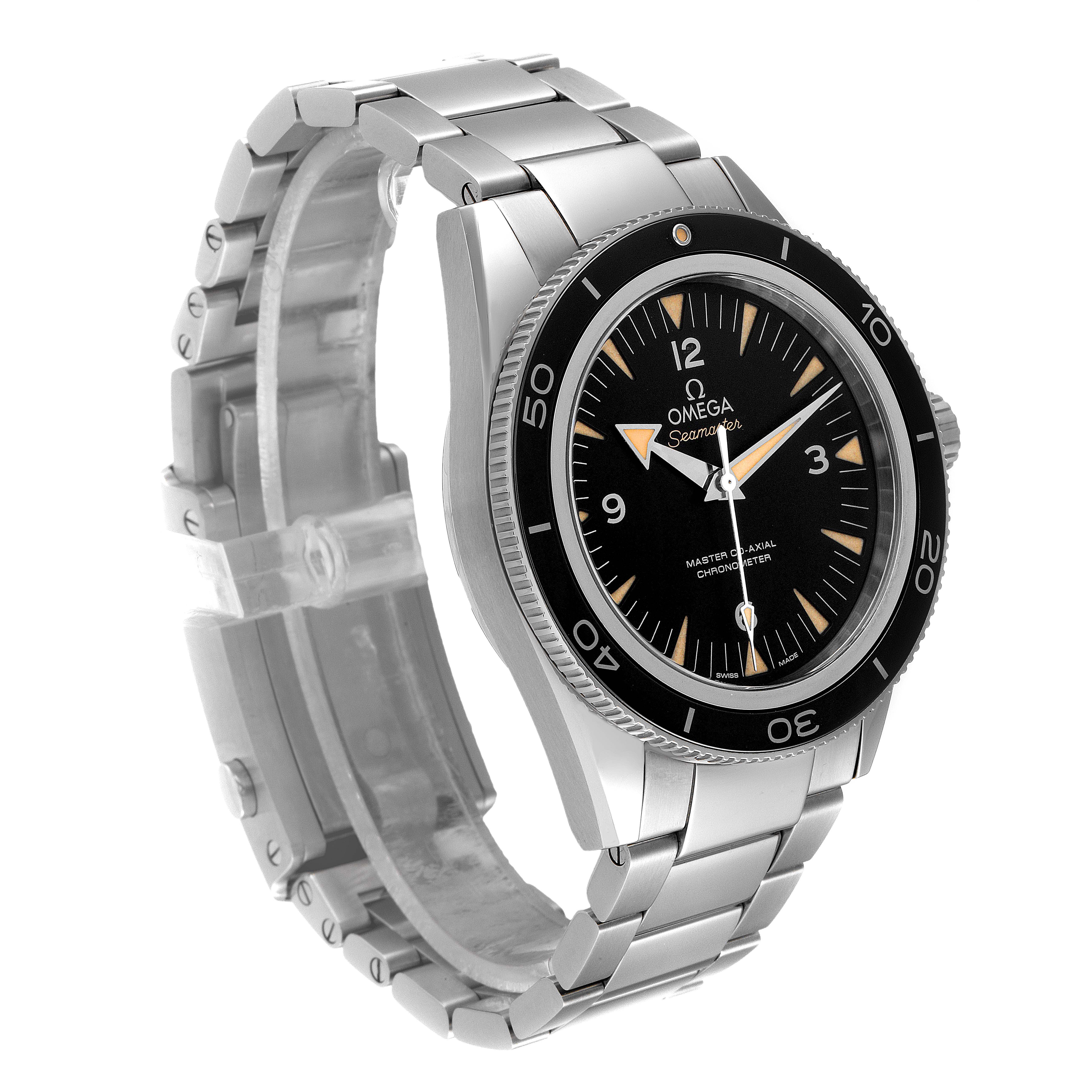 Side view of the Omega Seamaster 233.30.41.21.01.001 Men's Stainless Steel Black Dial 233.30.41.21.01.001 Men's Stainless Steel Black Dial watch showing the face, bezel, and bracelet.