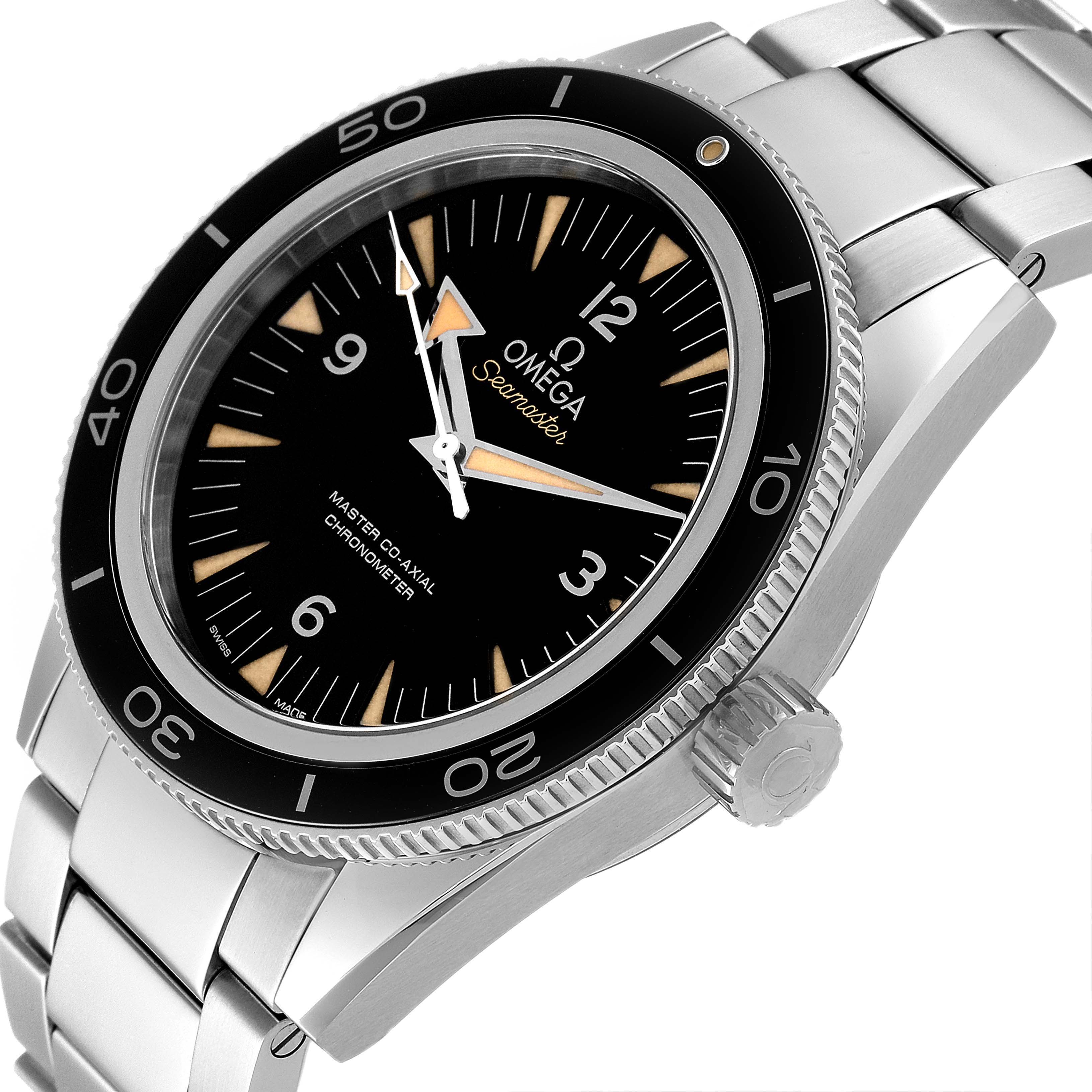 This Omega Seamaster 233.30.41.21.01.001 Men's Stainless Steel Black Dial 233.30.41.21.01.001 Men's Stainless Steel Black Dial watch is shown at an angled close-up, displaying the face, bezel, crown, and part of the bracelet.