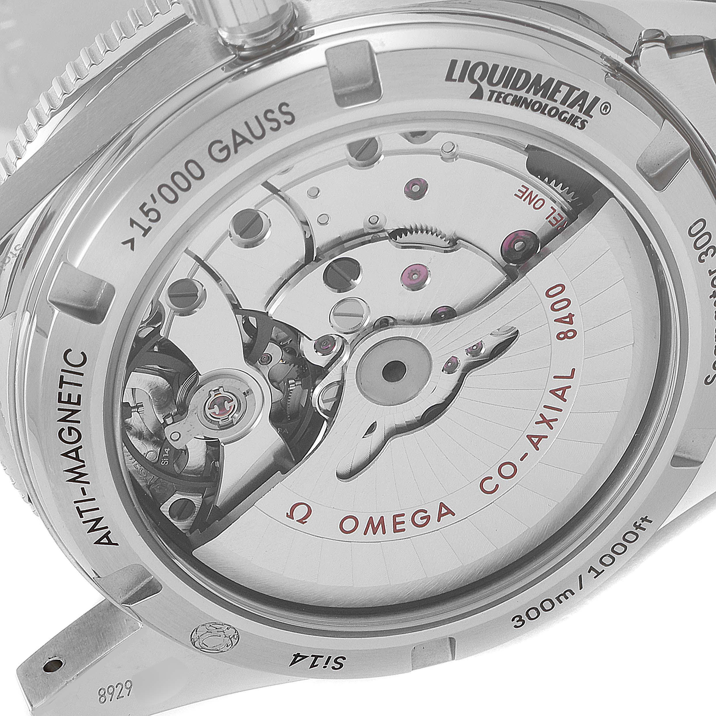 The image shows the back view of the Omega Seamaster 233.30.41.21.01.001 Men's Stainless Steel Black Dial 233.30.41.21.01.001 Men's Stainless Steel Black Dial, highlighting its 8400 movement and anti-magnetic features.