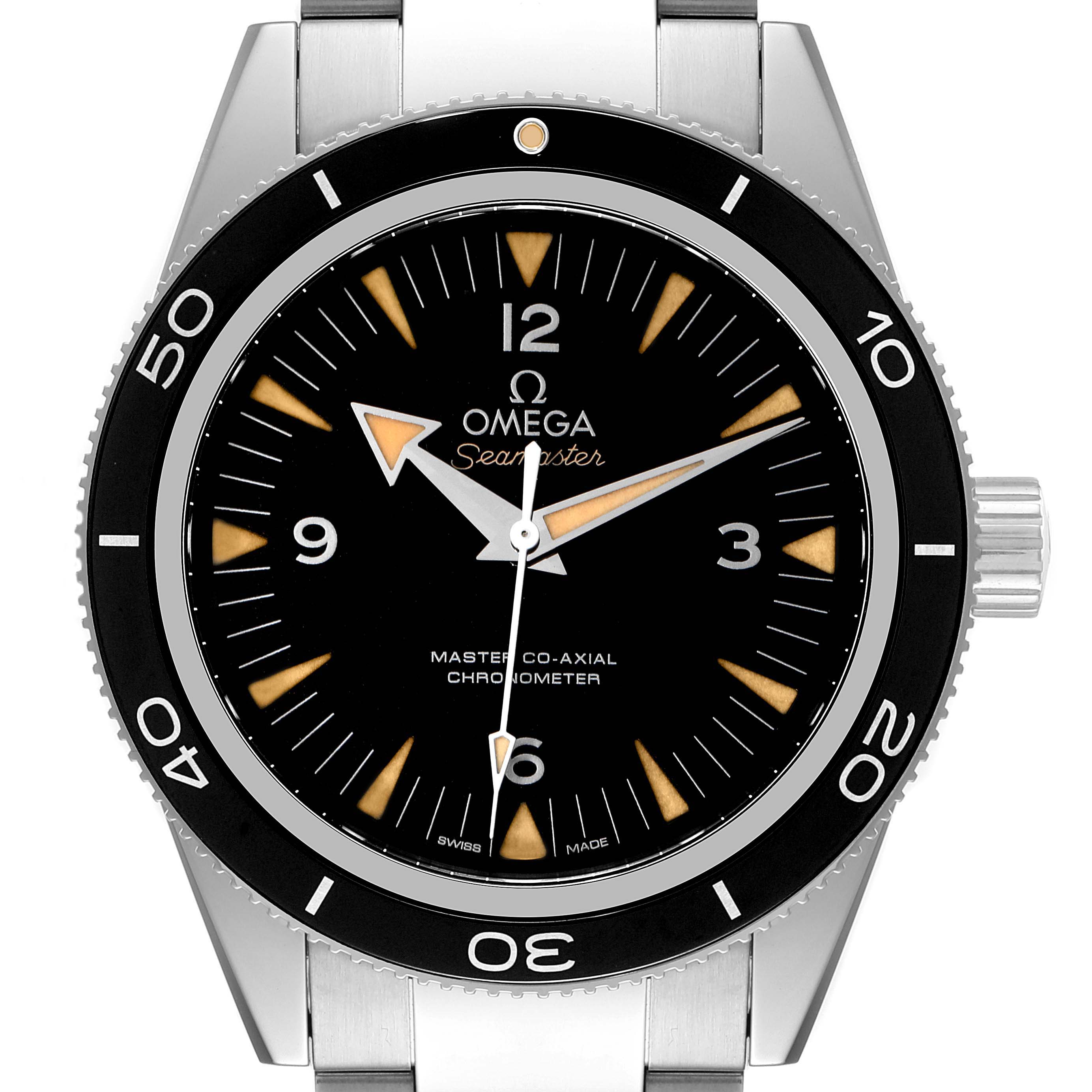 This image shows a front view of the Omega Seamaster 233.30.41.21.01.001 Men's Stainless Steel Black Dial 233.30.41.21.01.001 Men's Stainless Steel Black Dial watch, displaying its dial, bezel, and part of its stainless steel bracelet.