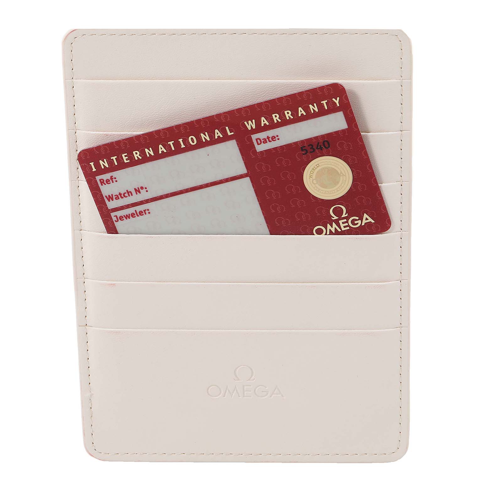 The image shows the international warranty card and card holder for the Omega Seamaster 233.30.41.21.01.001 Men's Stainless Steel Black Dial 233.30.41.21.01.001 Men's Stainless Steel Black Dial watch, viewed from the front.