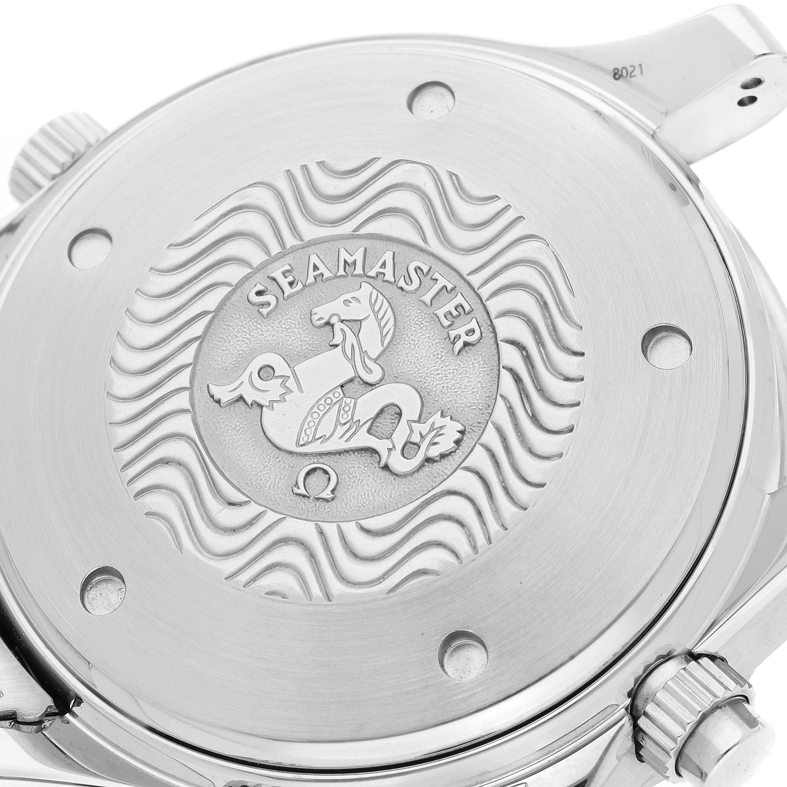 The image shows the back case of the Omega Seamaster 2598.20.00 Men's Stainless Steel White Dial 2598.20.00 Men's Stainless Steel White Dial watch, featuring a detailed engraving of the Seamaster logo.