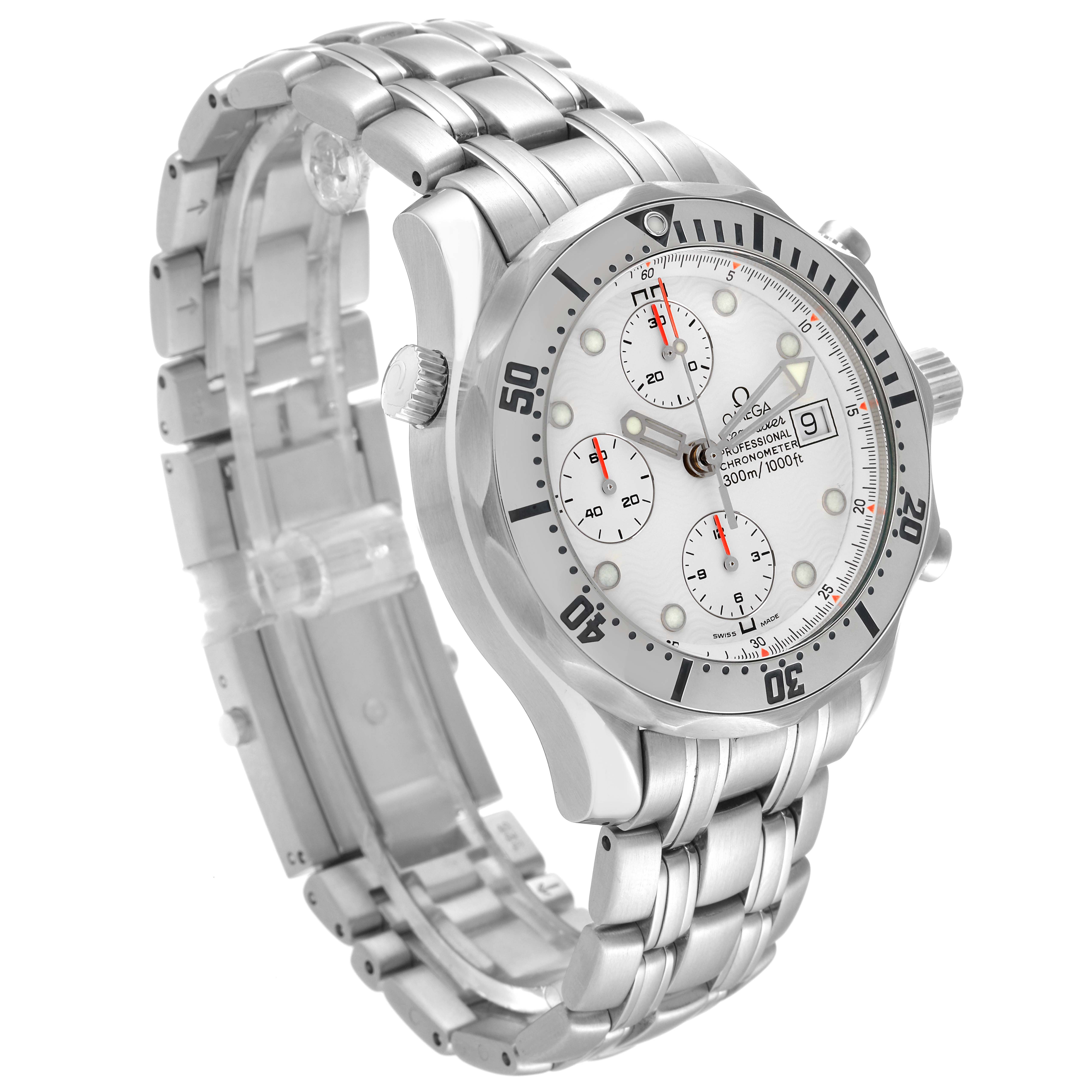 The Omega Seamaster 2598.20.00 Men's Stainless Steel White Dial 2598.20.00 Men's Stainless Steel White Dial watch is shown at a three-quarter angle highlighting the dial, bezel, and stainless steel bracelet.