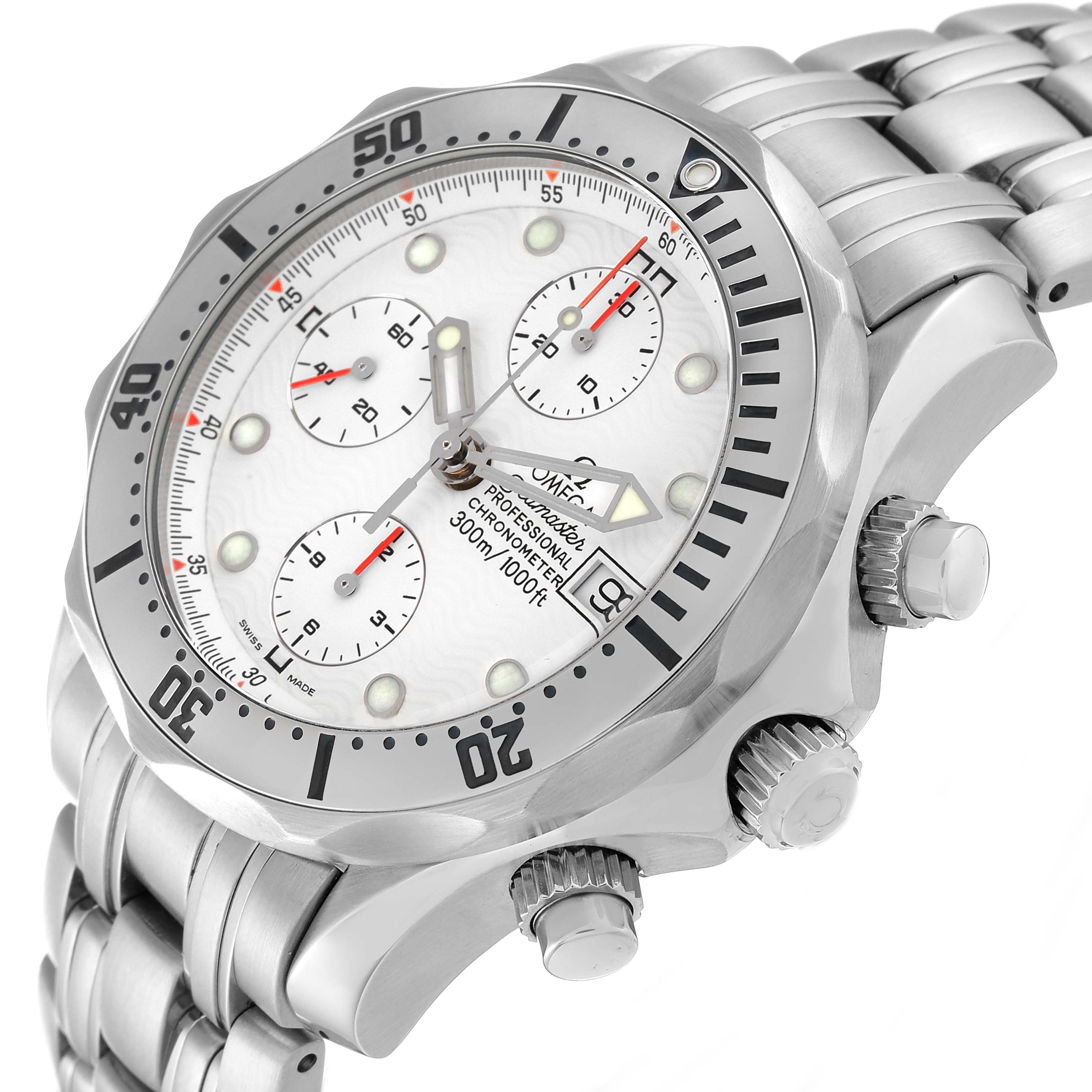 The image shows an Omega Seamaster 2598.20.00 Men's Stainless Steel White Dial 2598.20.00 Men's Stainless Steel White Dial watch viewed at an angle, highlighting the bezel, dial, subdials, pushers, crown, and bracelet.