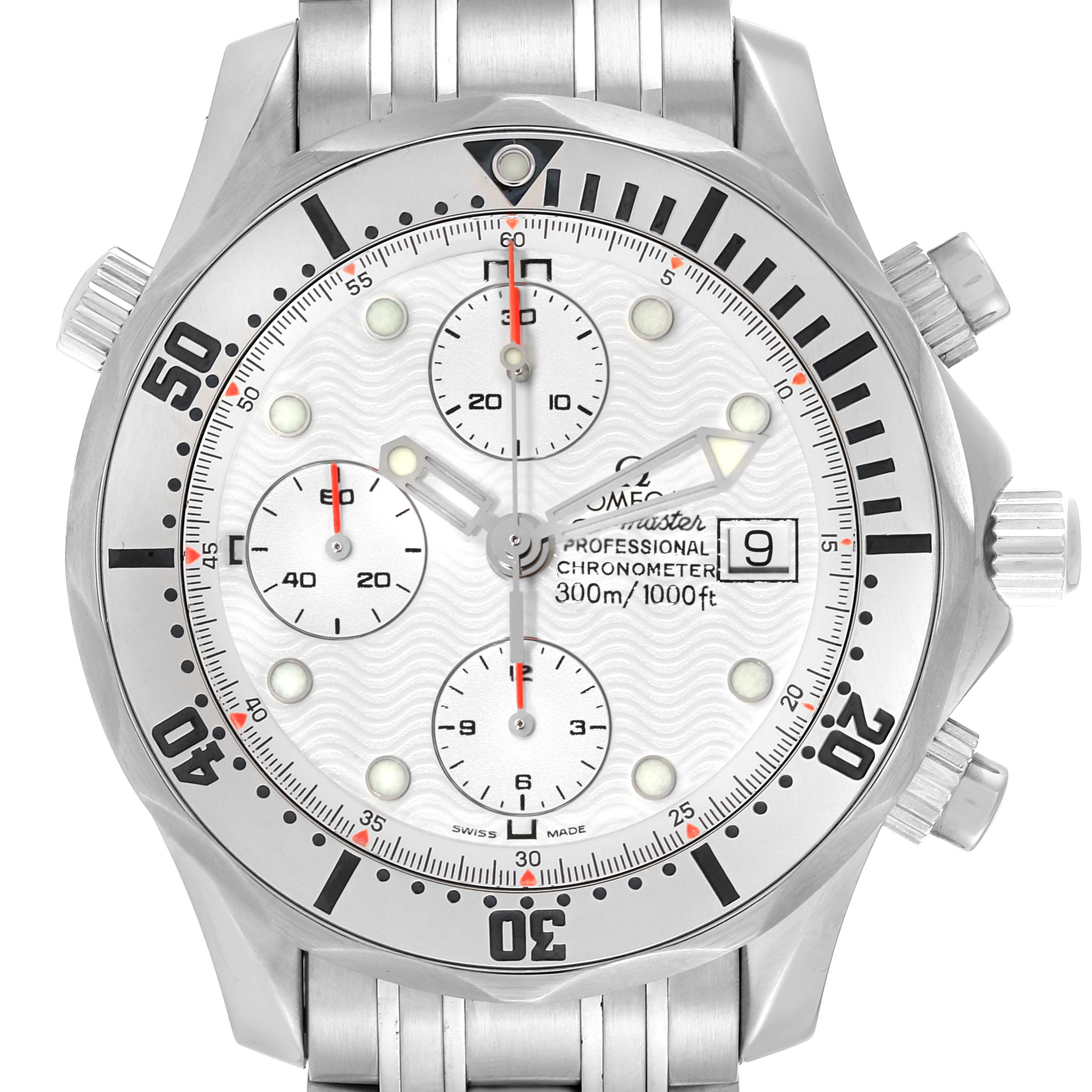 The Omega Seamaster 2598.20.00 Men's Stainless Steel White Dial 2598.20.00 Men's Stainless Steel White Dial watch is shown from a front angle, displaying the dial, bezel, and part of the bracelet.