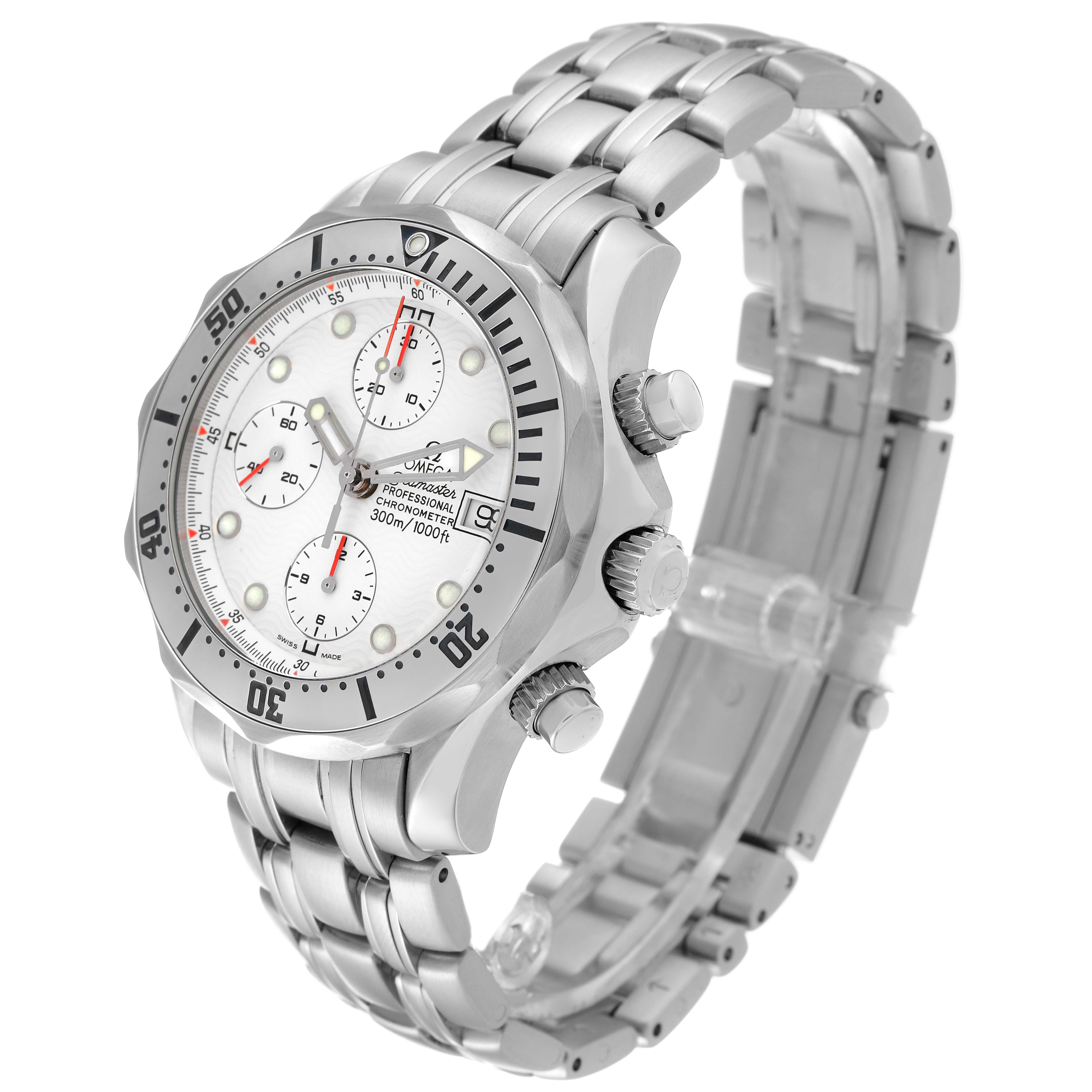 The image shows a side-angle view of the Omega Seamaster 2598.20.00 Men's Stainless Steel White Dial 2598.20.00 Men's Stainless Steel White Dial watch, highlighting its dial, bezel, crown, and metal bracelet.