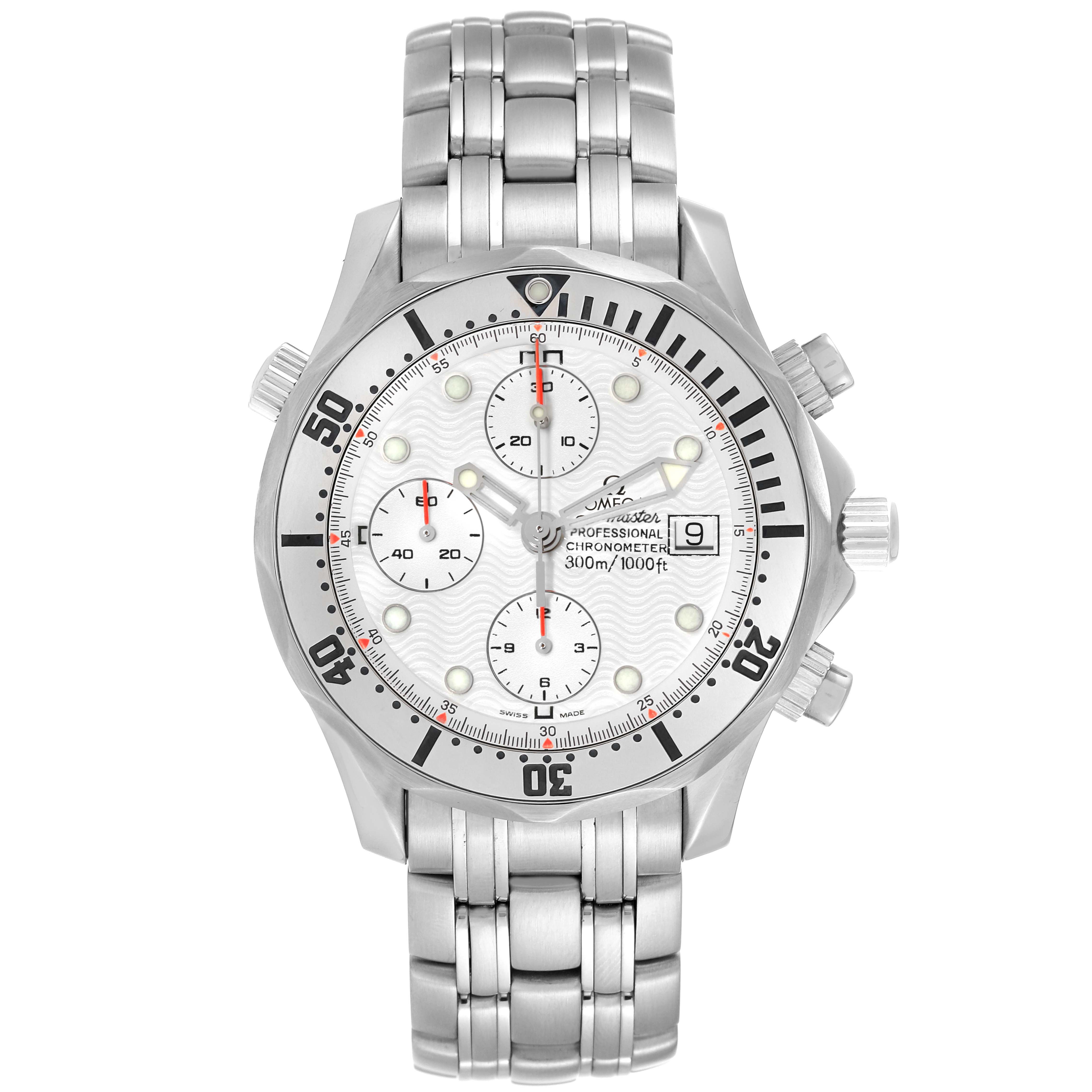The image shows a front view of the Omega Seamaster 2598.20.00 Men's Stainless Steel White Dial 2598.20.00 Men's Stainless Steel White Dial watch, displaying its dial, bezel, and stainless steel bracelet.