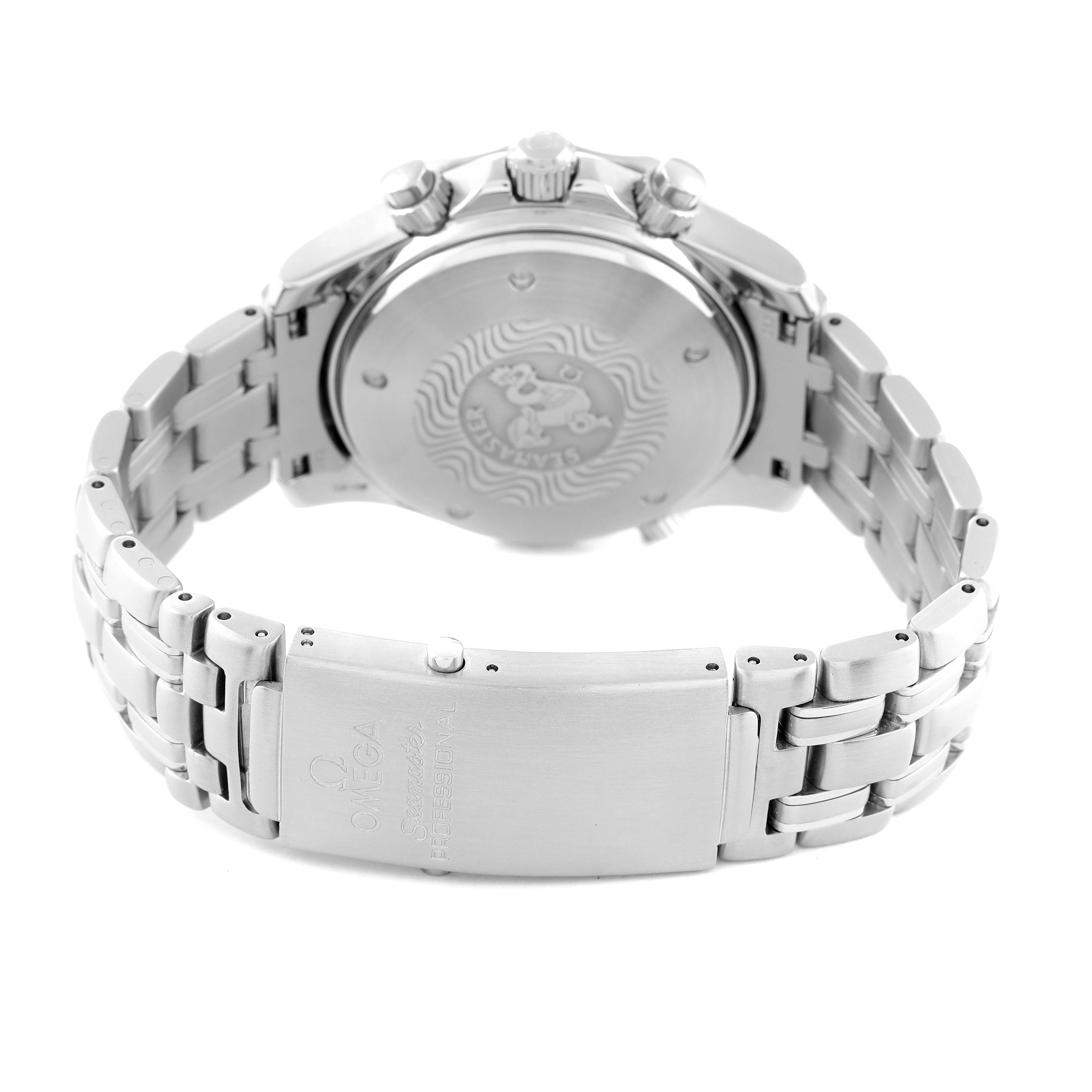 The image shows the back and clasp of the Omega Seamaster 2598.20.00 Men's Stainless Steel White Dial 2598.20.00 Men's Stainless Steel White Dial watch, highlighting its engraved case back and metal bracelet.