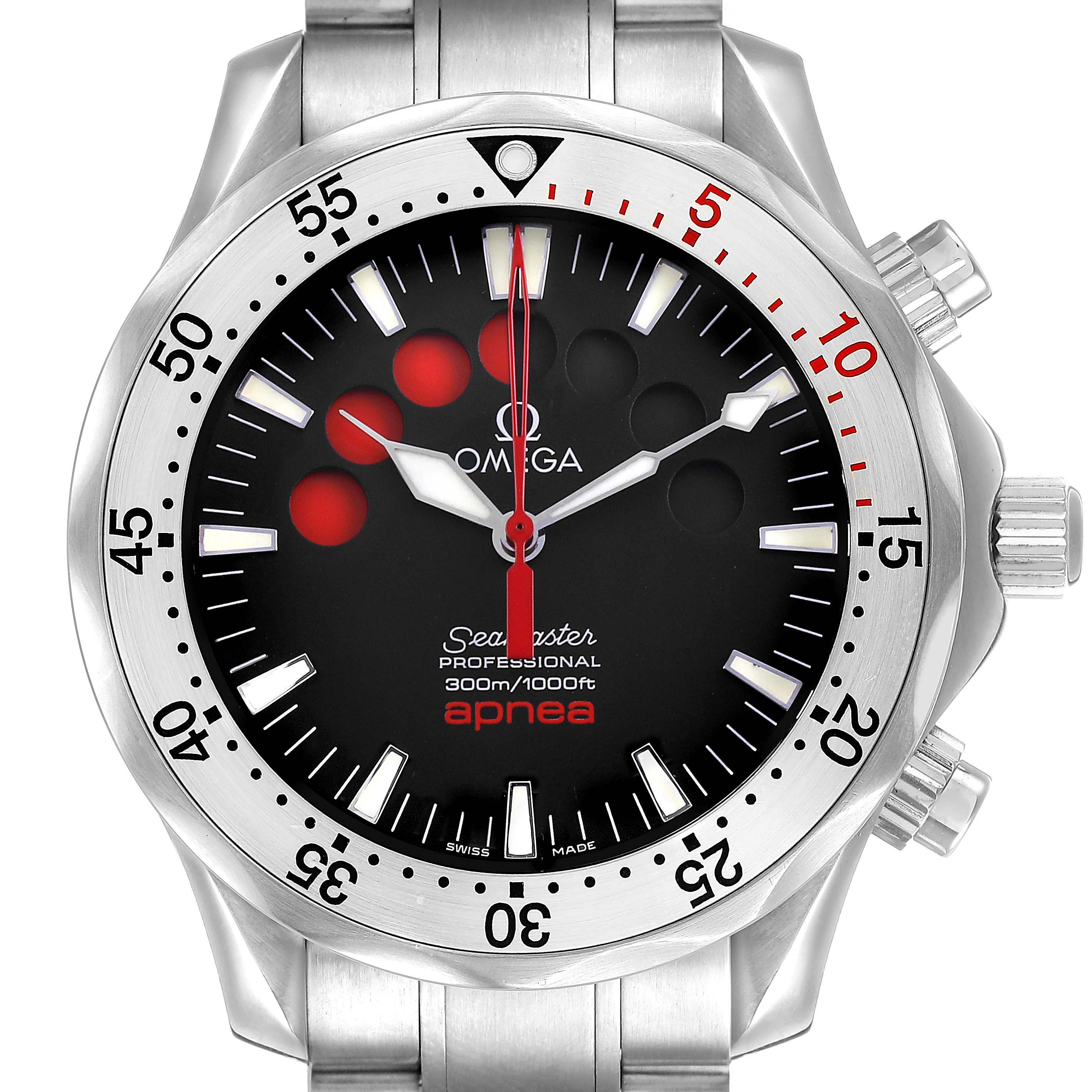 The Omega Seamaster 2595.50.00 Men's Stainless Steel Black Dial watch is shown from the front, displaying its dial, bezel, and side buttons.