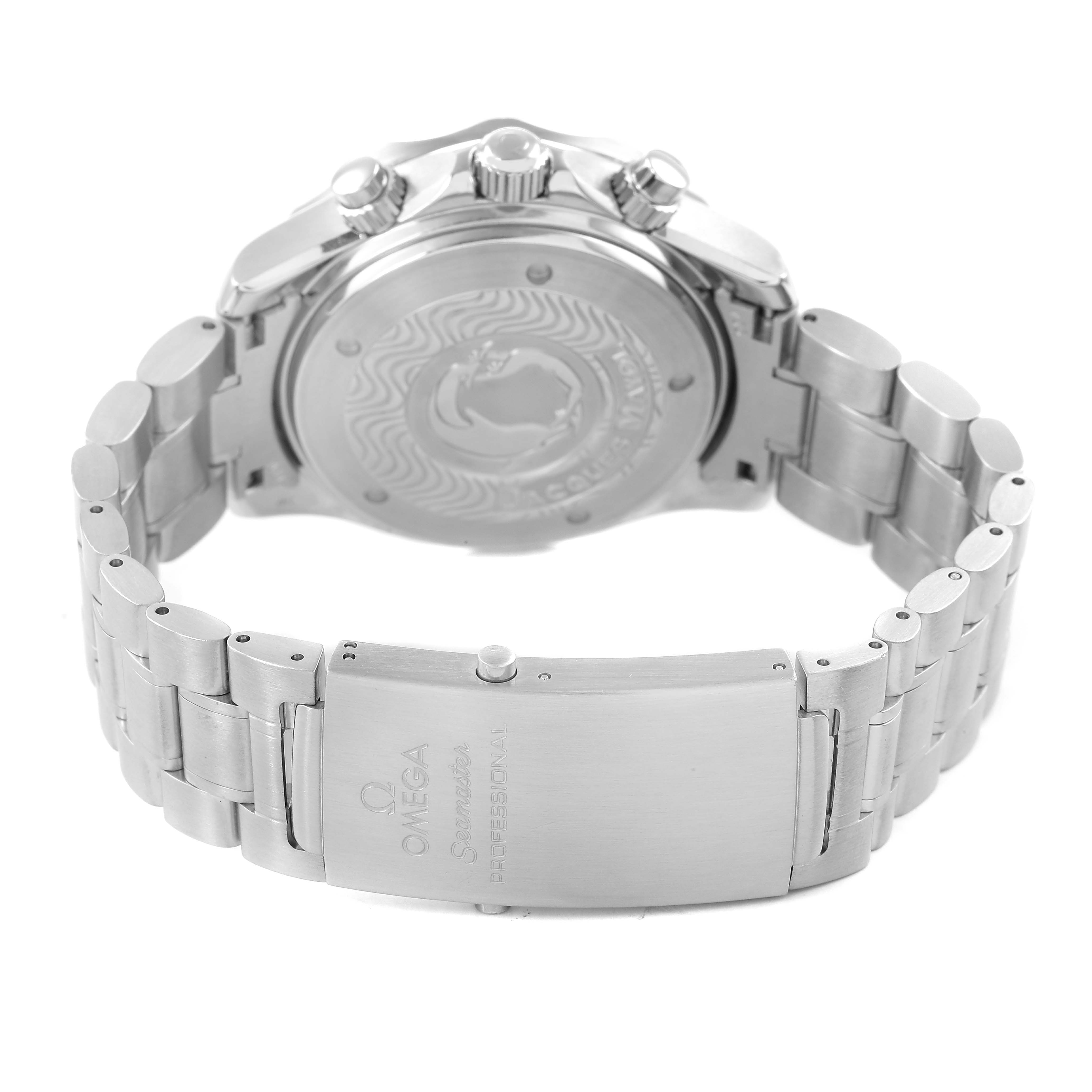 The Omega Seamaster 2595.50.00 Men's Stainless Steel Black Dial is shown from the back, highlighting its bracelet, clasp, and case back with decorative engraving.