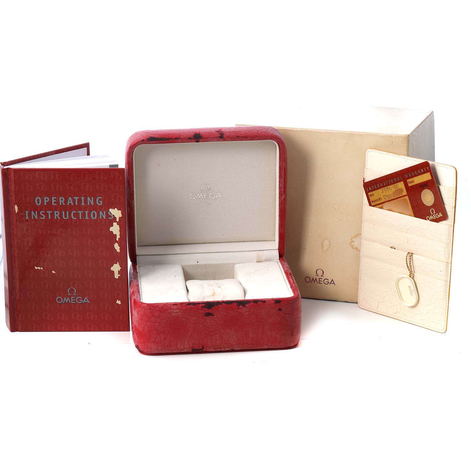 The image shows the Omega Seamaster 2595.50.00 Men's Stainless Steel Black Dial's red box, operating instructions, warranty card, and packaging from a frontal angle.