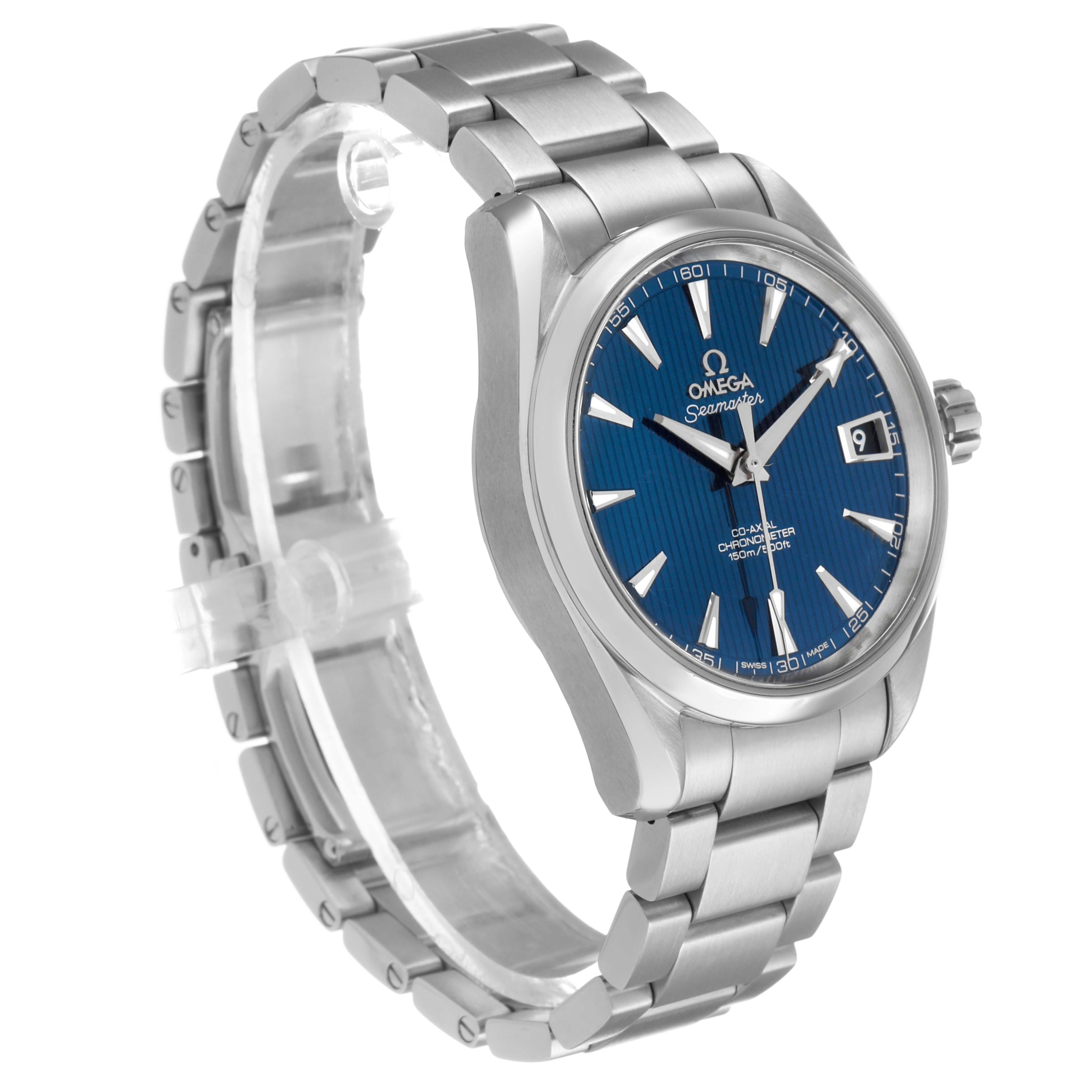 The Omega Aqua Terra 231.10.39.21.03.001 Men's Stainless Steel Blue Dial watch is shown at a 3/4 angle, displaying the blue dial, bezel, and stainless steel bracelet.