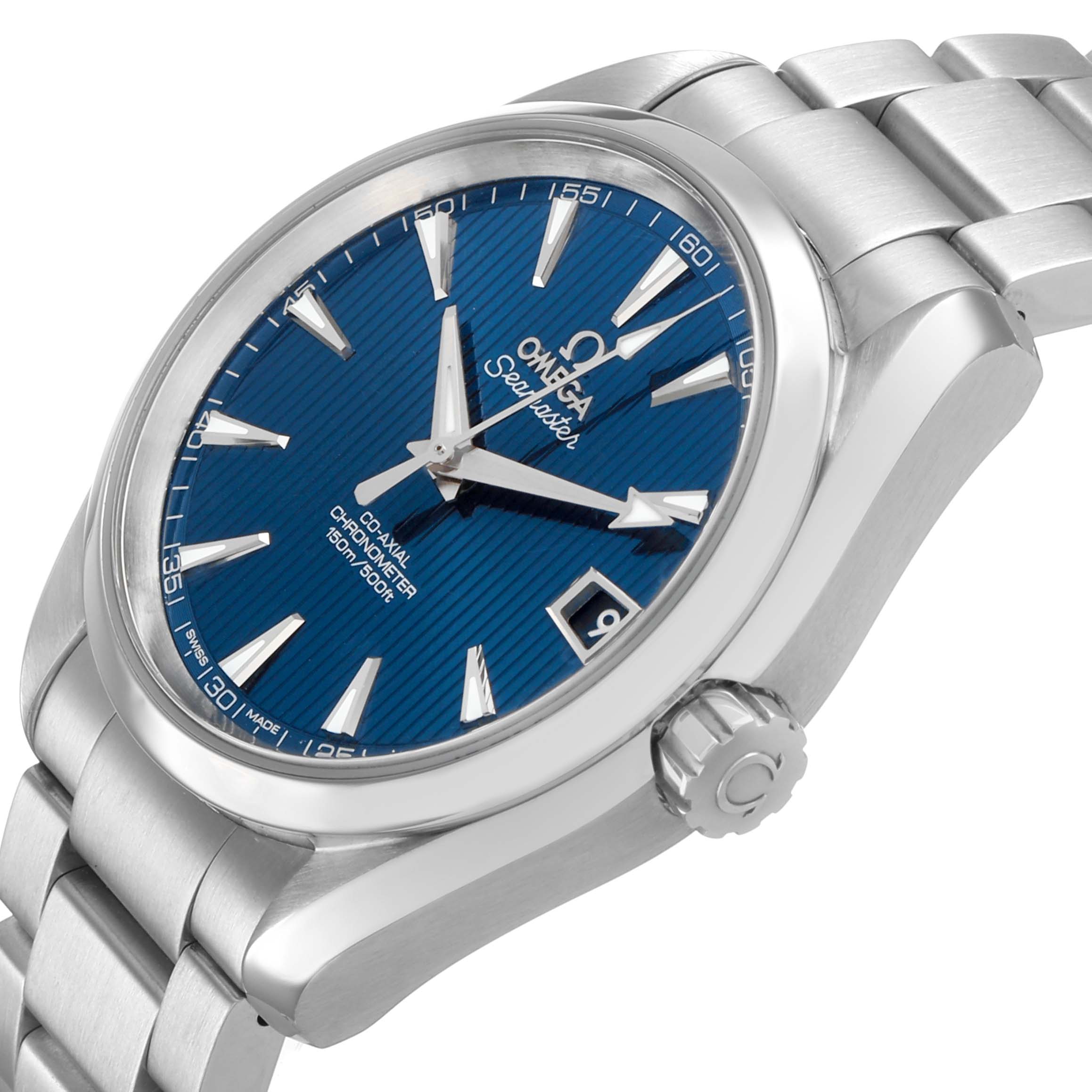The Omega Aqua Terra 231.10.39.21.03.001 Men's Stainless Steel Blue Dial watch is shown at a three-quarter angle, displaying the blue dial, crown, lugs, and part of the bracelet.