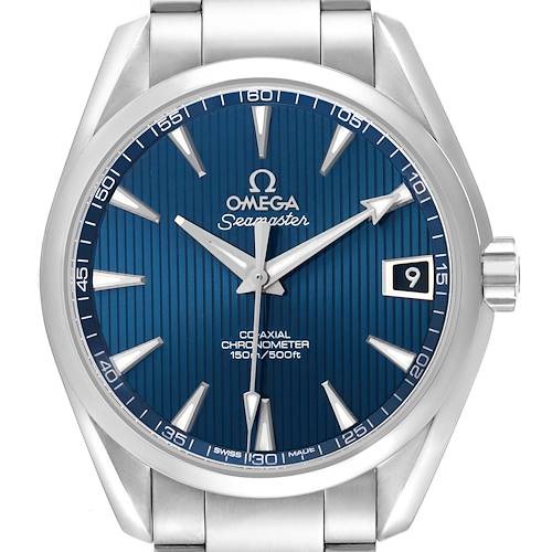 The Omega Aqua Terra 231.10.39.21.03.001 Men's Stainless Steel Blue Dial watch is shown from the front, highlighting the dial, hands, date window, and part of the bracelet.