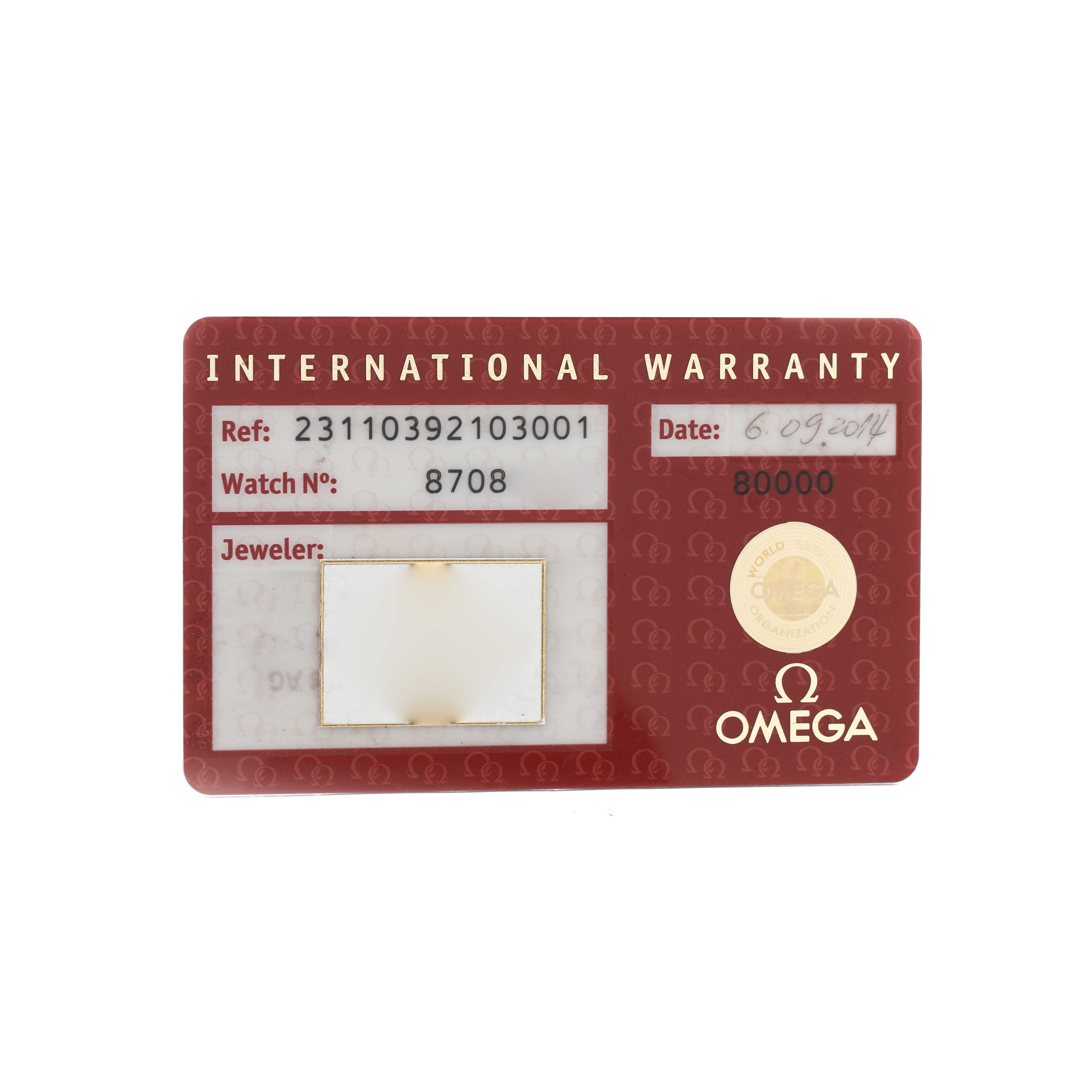 The image shows an Omega Aqua Terra 231.10.39.21.03.001 Men's Stainless Steel Blue Dial International Warranty card with details like reference and date.