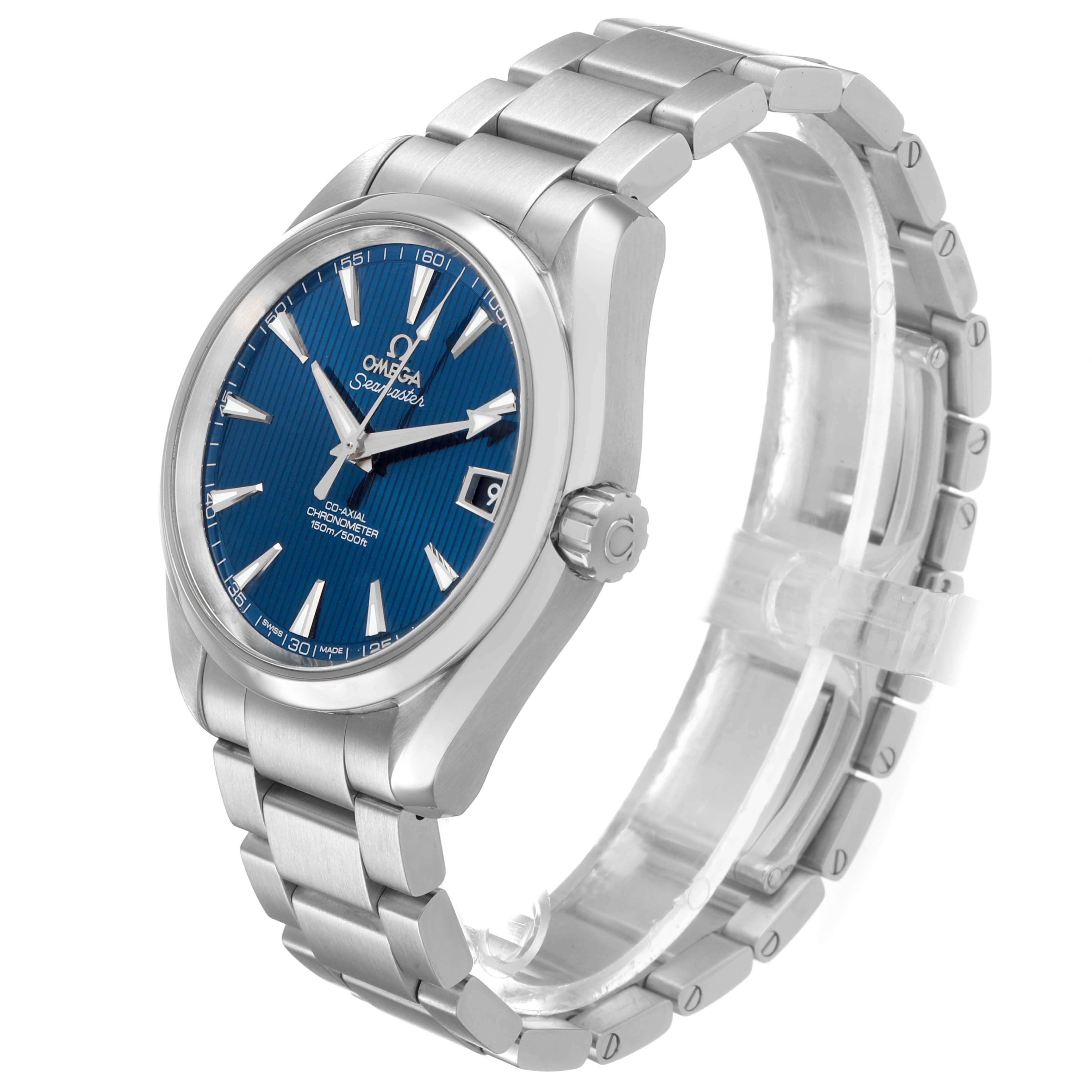 The Omega Aqua Terra 231.10.39.21.03.001 Men's Stainless Steel Blue Dial watch is displayed from a three-quarter angle, showing the case, bracelet, crown, and blue dial.