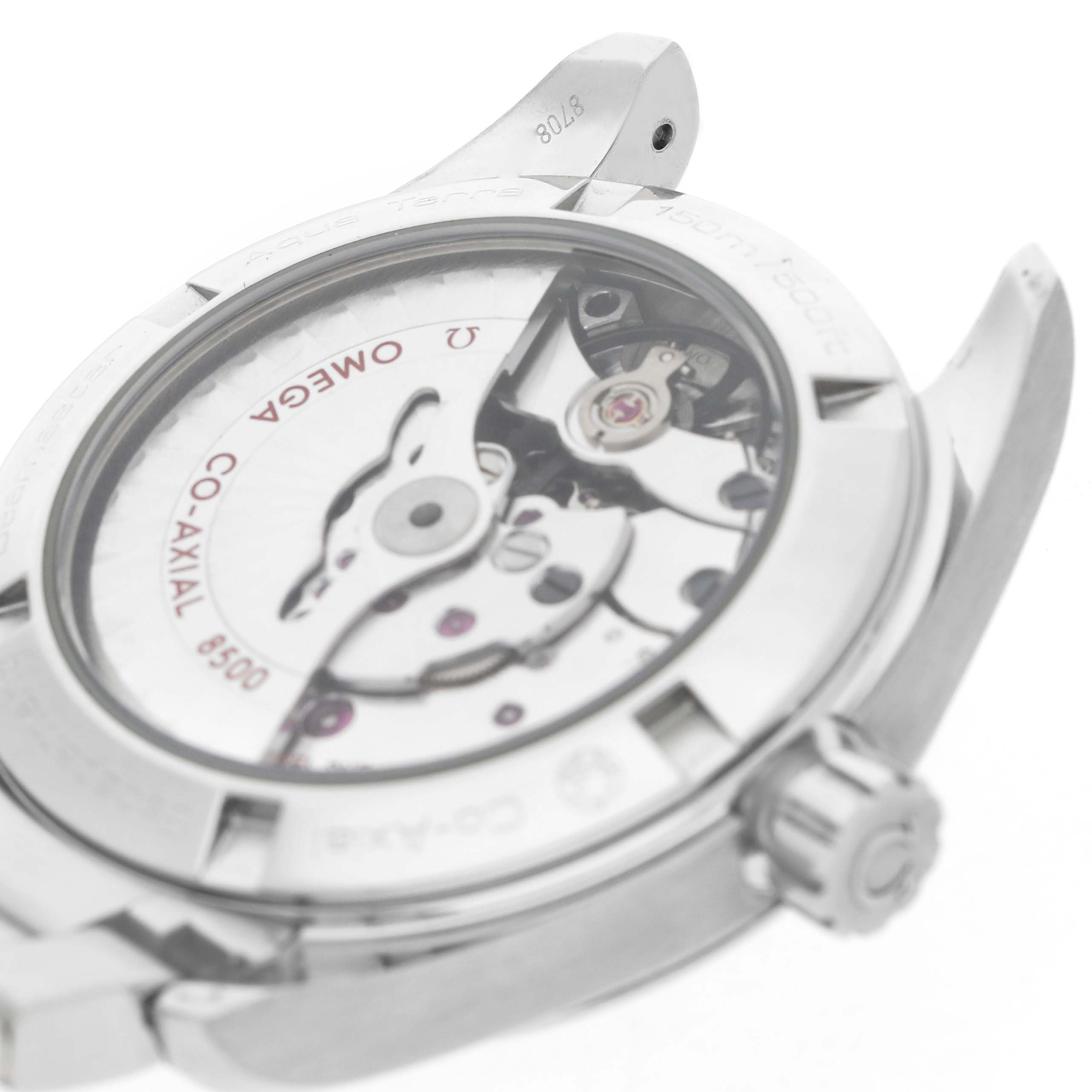The image shows the back view of an Omega Aqua Terra 231.10.39.21.03.001 Men's Stainless Steel Blue Dial watch, highlighting the Co-Axial movement and case details.