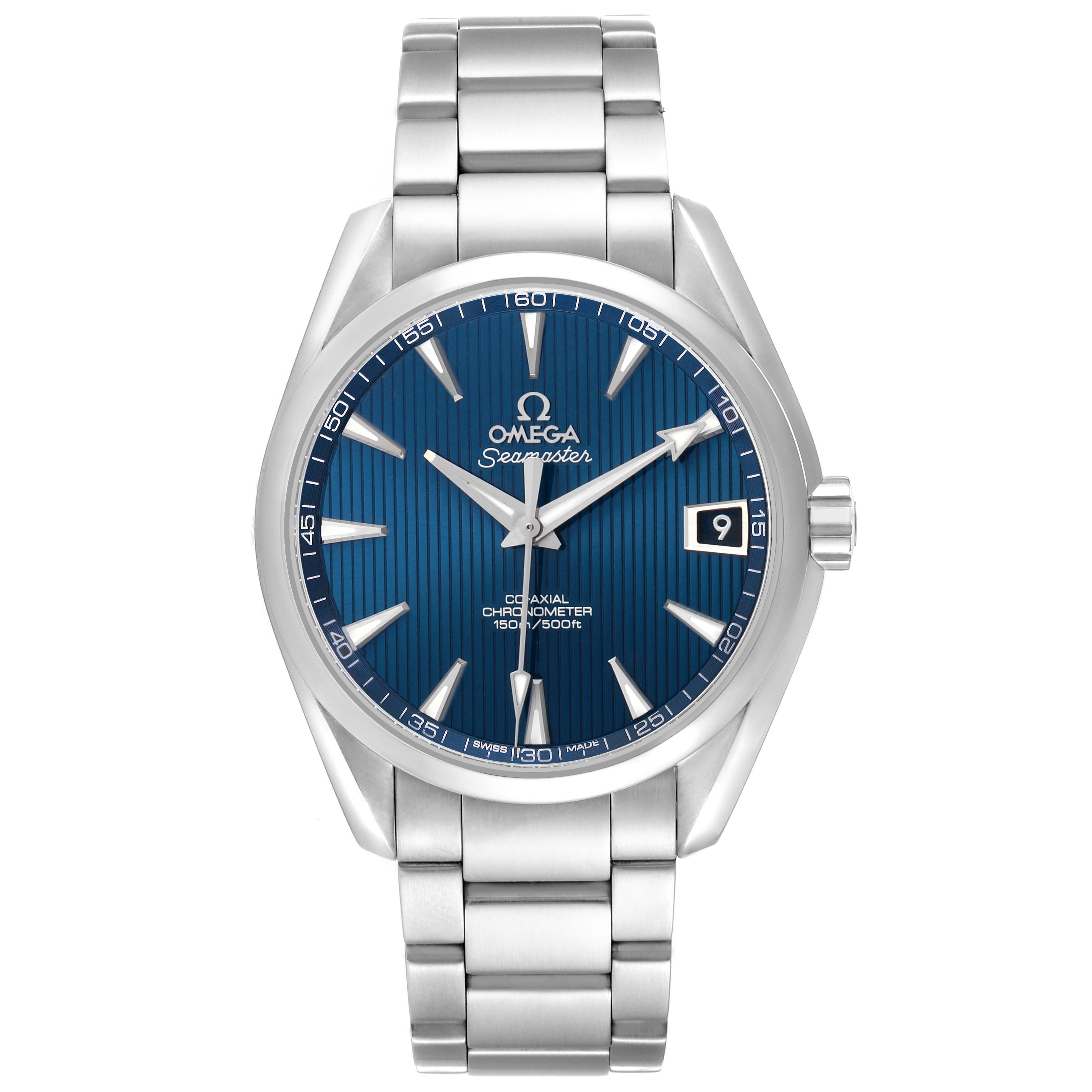 The Omega Aqua Terra 231.10.39.21.03.001 Men's Stainless Steel Blue Dial watch is shown from a front angle, highlighting its blue dial, silver indices, and stainless steel bracelet.