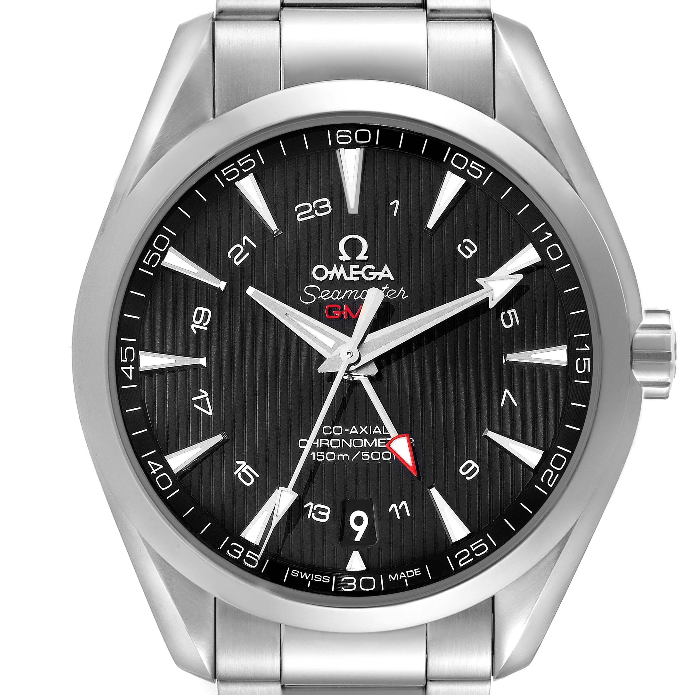 The image shows a frontal view of an Omega Seamaster watch, highlighting its dial and stainless steel bracelet.