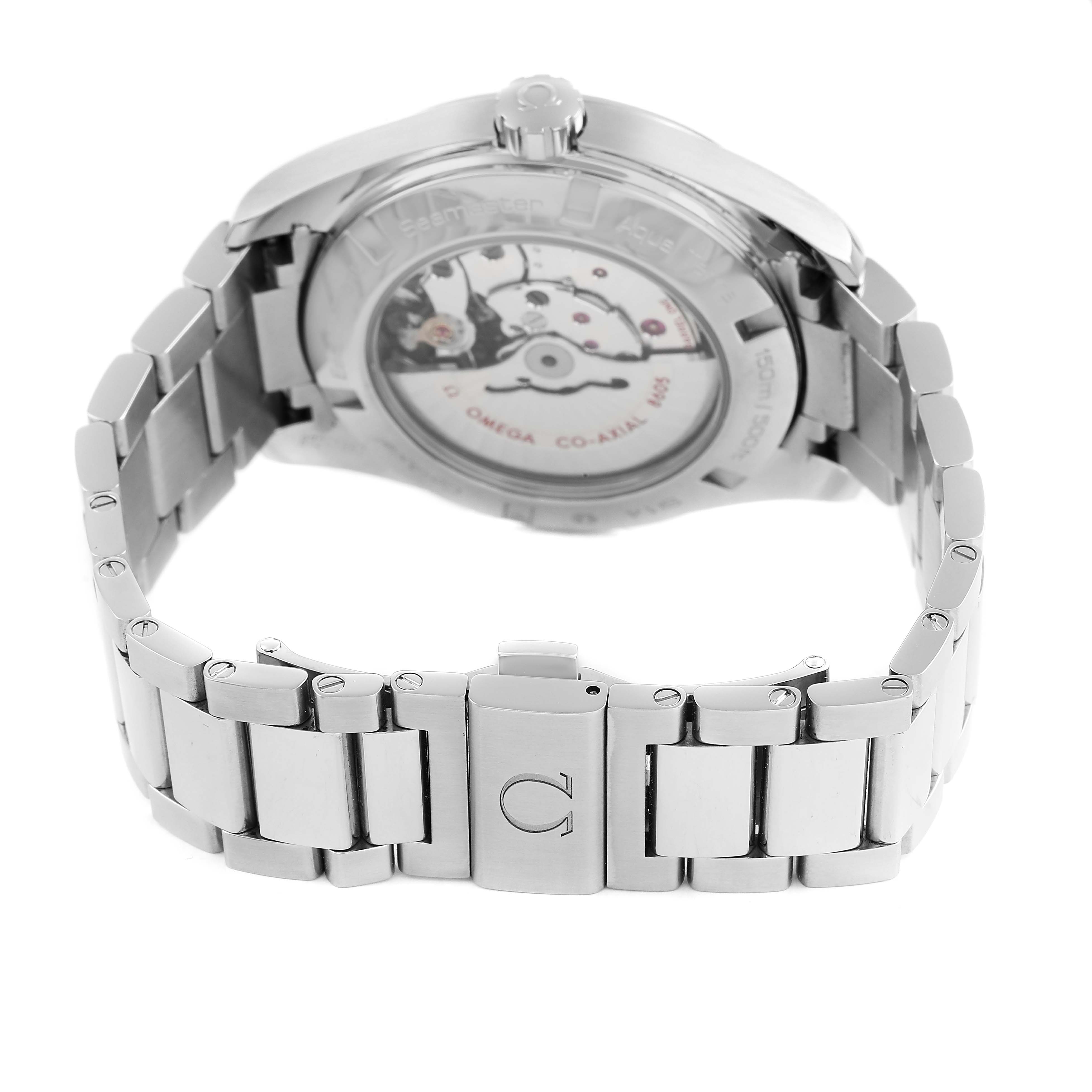 The image shows the back and bracelet of the Omega Speedmaster 231.10.43.22.01.001 Men's Stainless Steel Black Dial, highlighting the clasp and exhibition case back.
