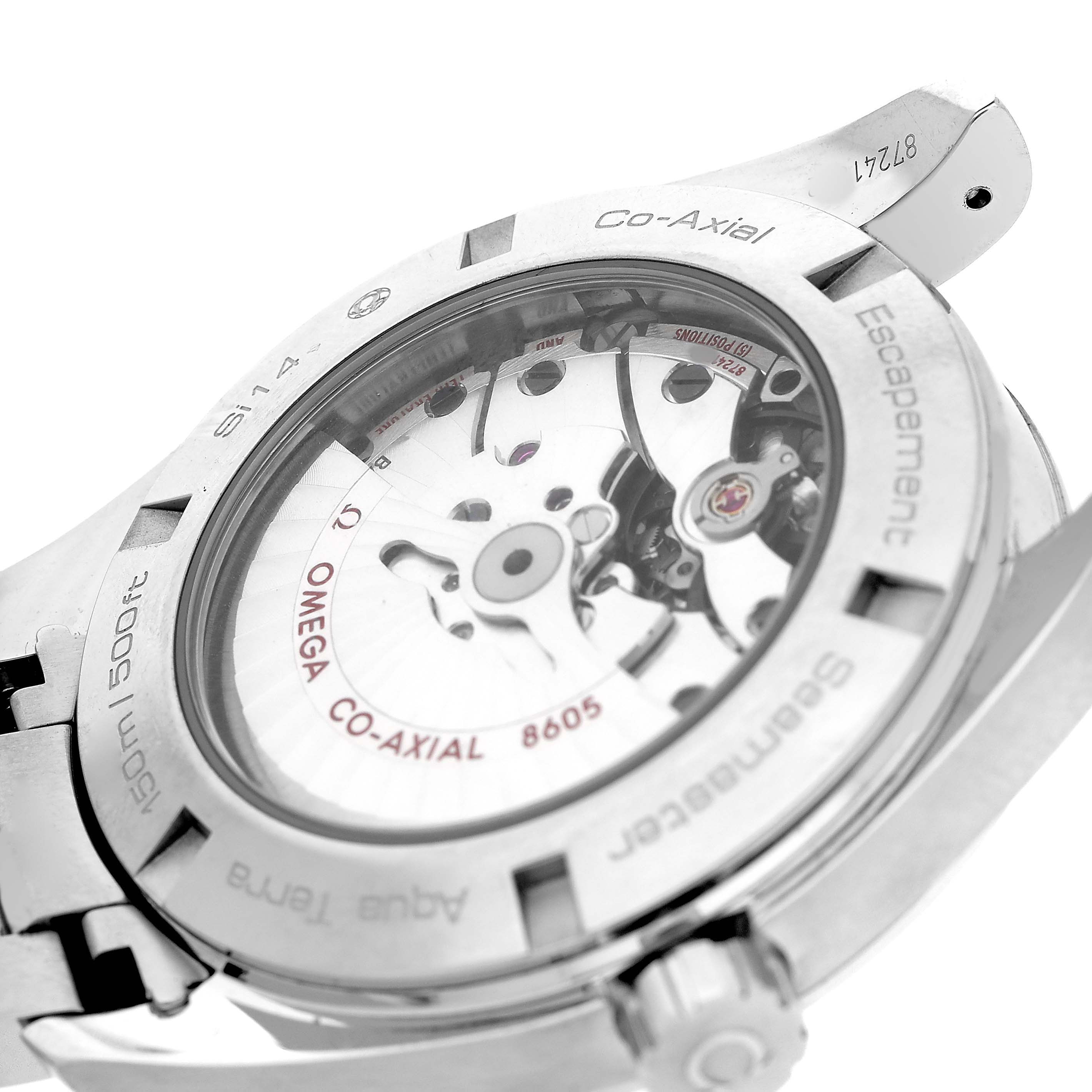 The image shows the back view of an Omega Speedmaster 231.10.43.22.01.001 Men's Stainless Steel Black Dial, highlighting the Co-Axial escapement and movement details.