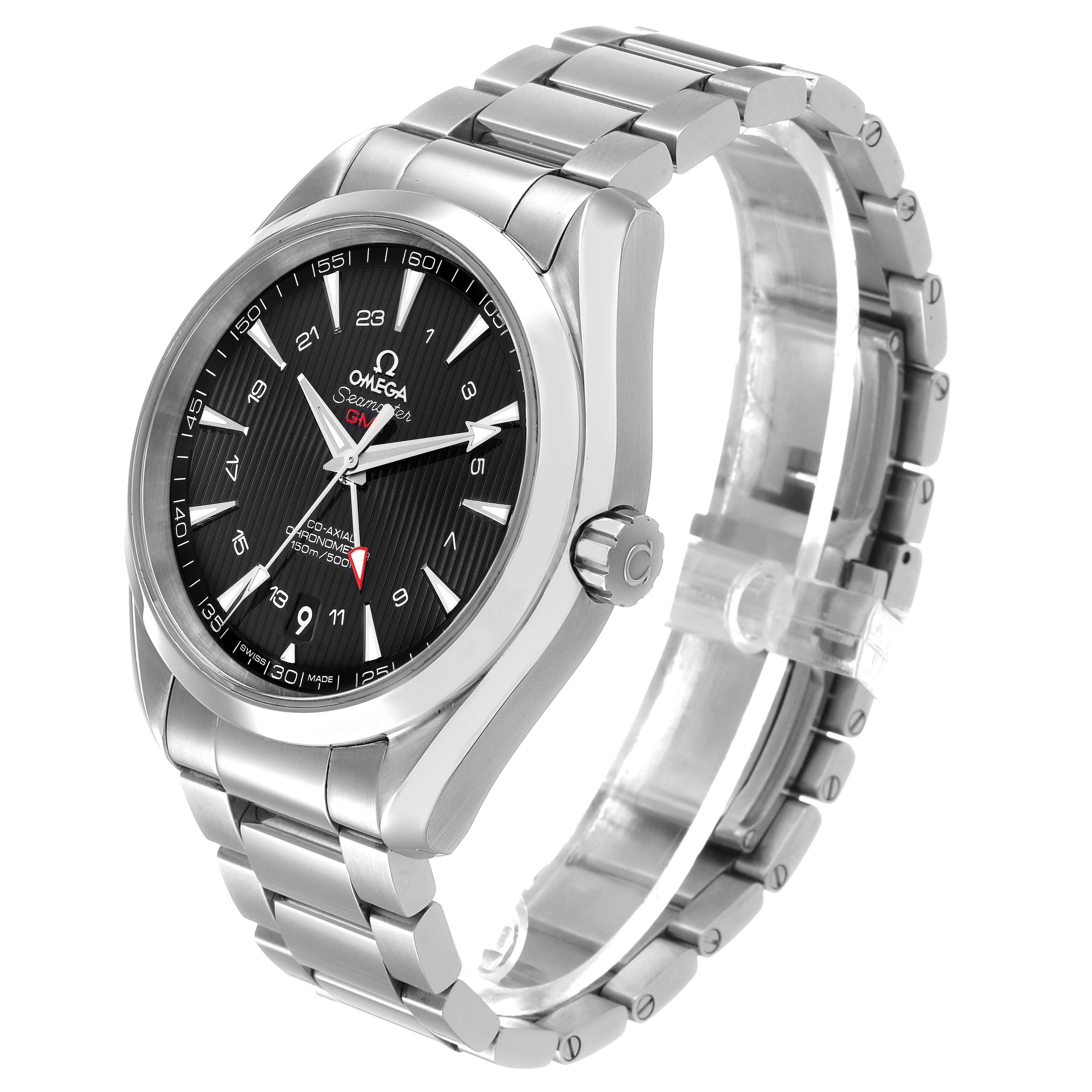 The Omega Speedmaster 231.10.43.22.01.001 Men's Stainless Steel Black Dial watch is shown at a slight side angle, highlighting its face, bezel, crown, and metal bracelet.