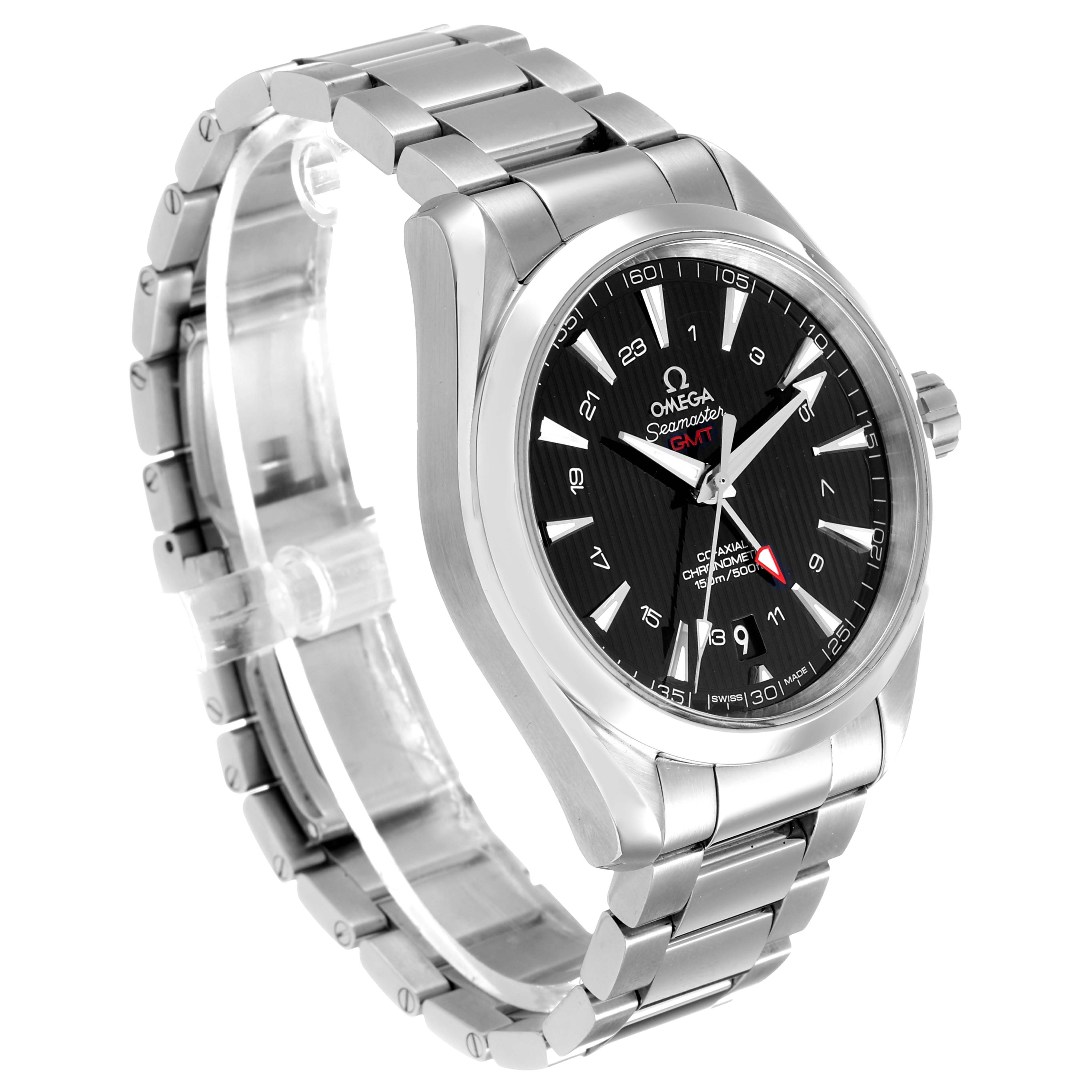 The Omega Speedmaster 231.10.43.22.01.001 Men's Stainless Steel Black Dial is shown at a three-quarter angle, displaying its stainless steel bracelet and black dial.