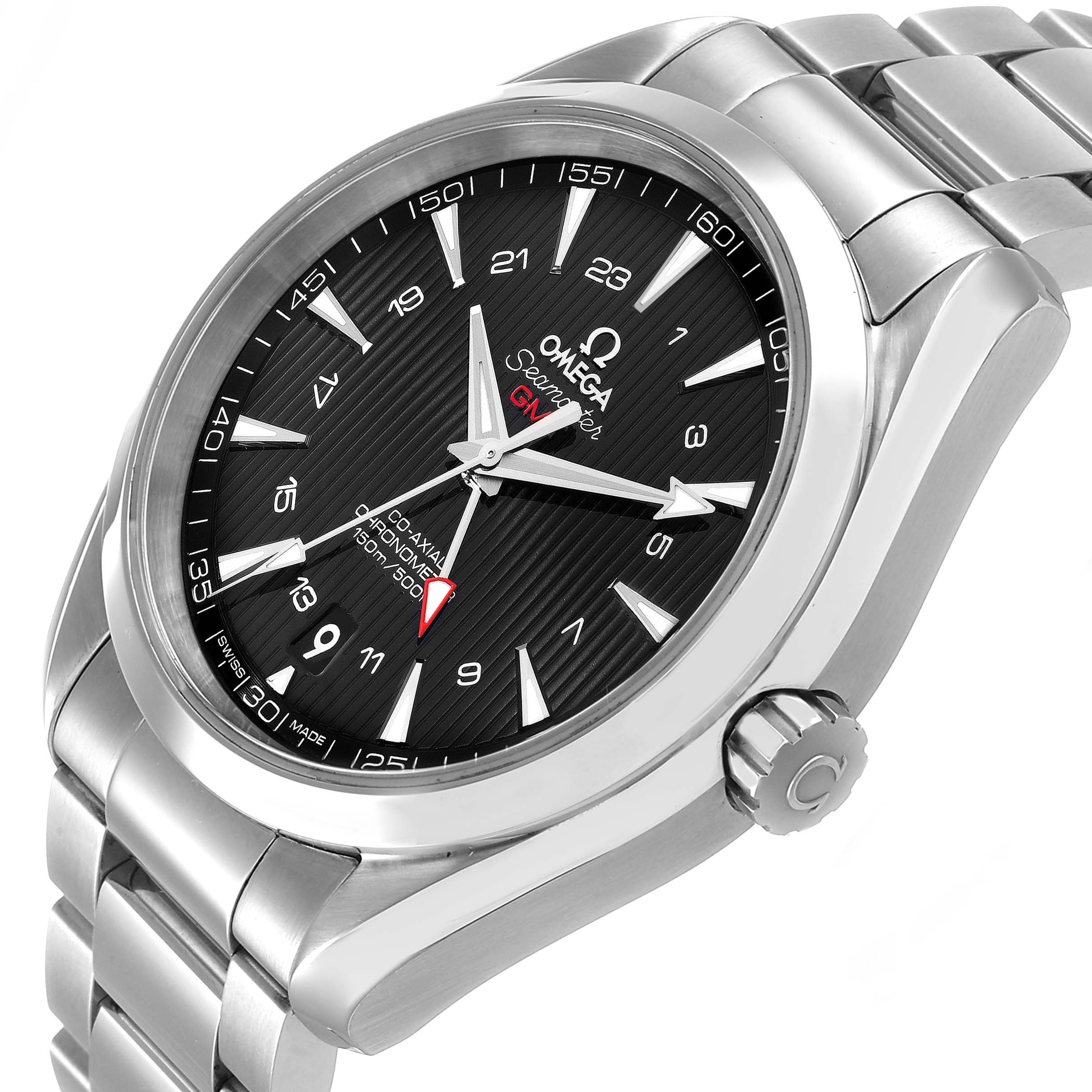 The image shows an Omega Seamaster watch angled slightly from above, highlighting the dial, bezel, bracelet, and crown.