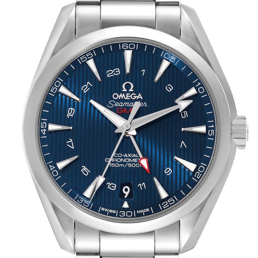 The Omega Aqua Terra watch is shown from a front angle, highlighting the blue dial, hands, markers, and part of the bracelet.