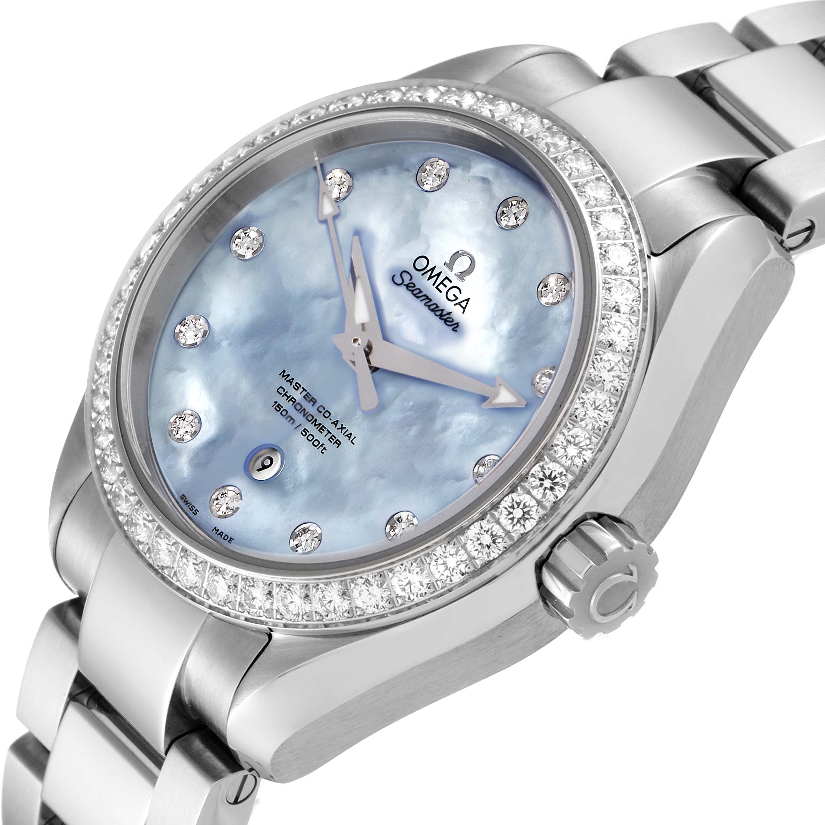 The image shows an angled close-up of the Omega 231.15.34.20.57.002 Women
s Stainless Steel Mother of Pearl Dial 231.15.34.20.57.002 Women
s Stainless Steel Mother of Pearl Dial Seamaster Aqua Terra MOP Diamond Steel Ladies Watch, highlighting its dial, bezel, and crown.