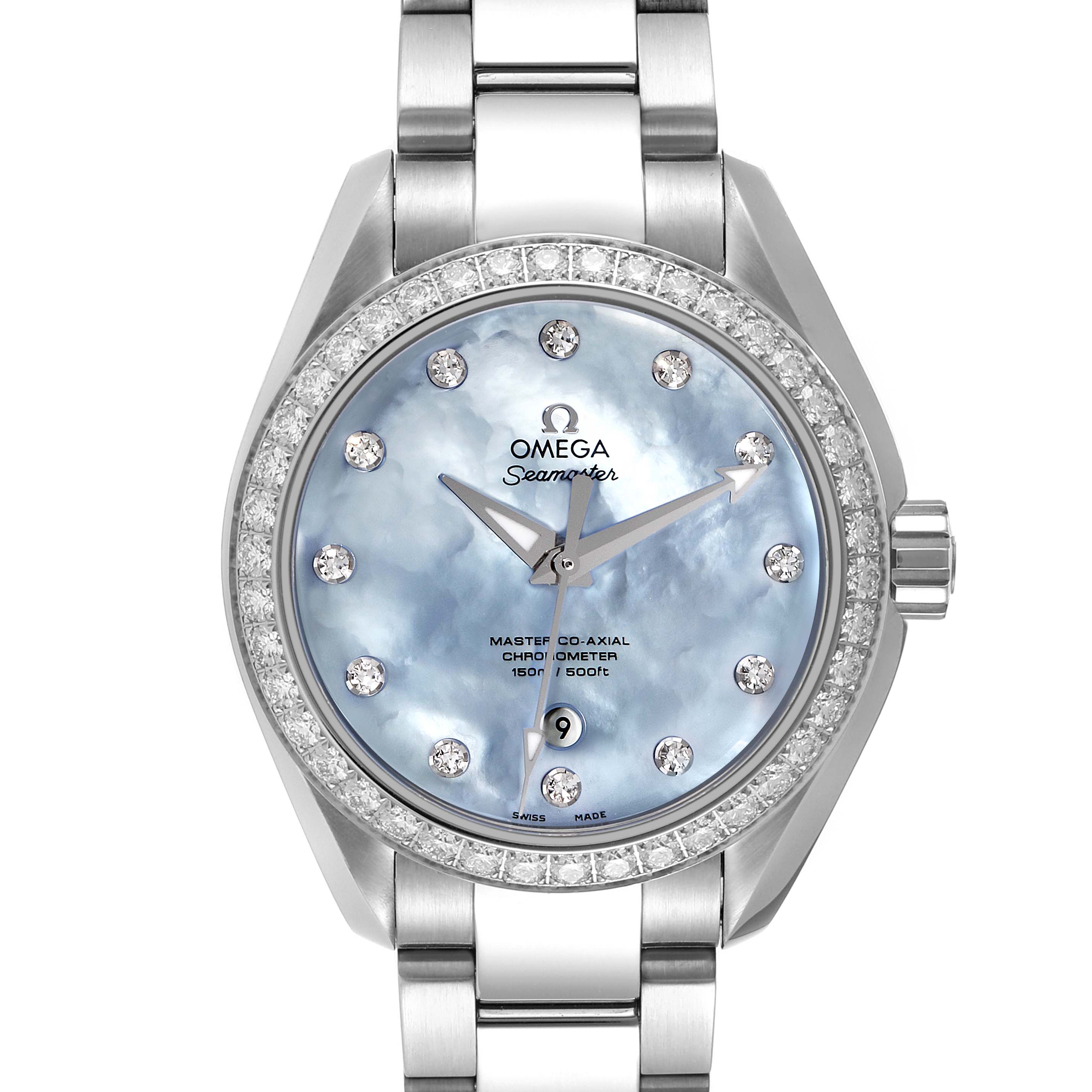 The image shows a front view of the Omega 231.15.34.20.57.002 Women
s Stainless Steel Mother of Pearl Dial 231.15.34.20.57.002 Women
s Stainless Steel Mother of Pearl Dial Seamaster Aqua Terra MOP Diamond Steel Ladies Watch, model 231.15.34.20.57.002.
