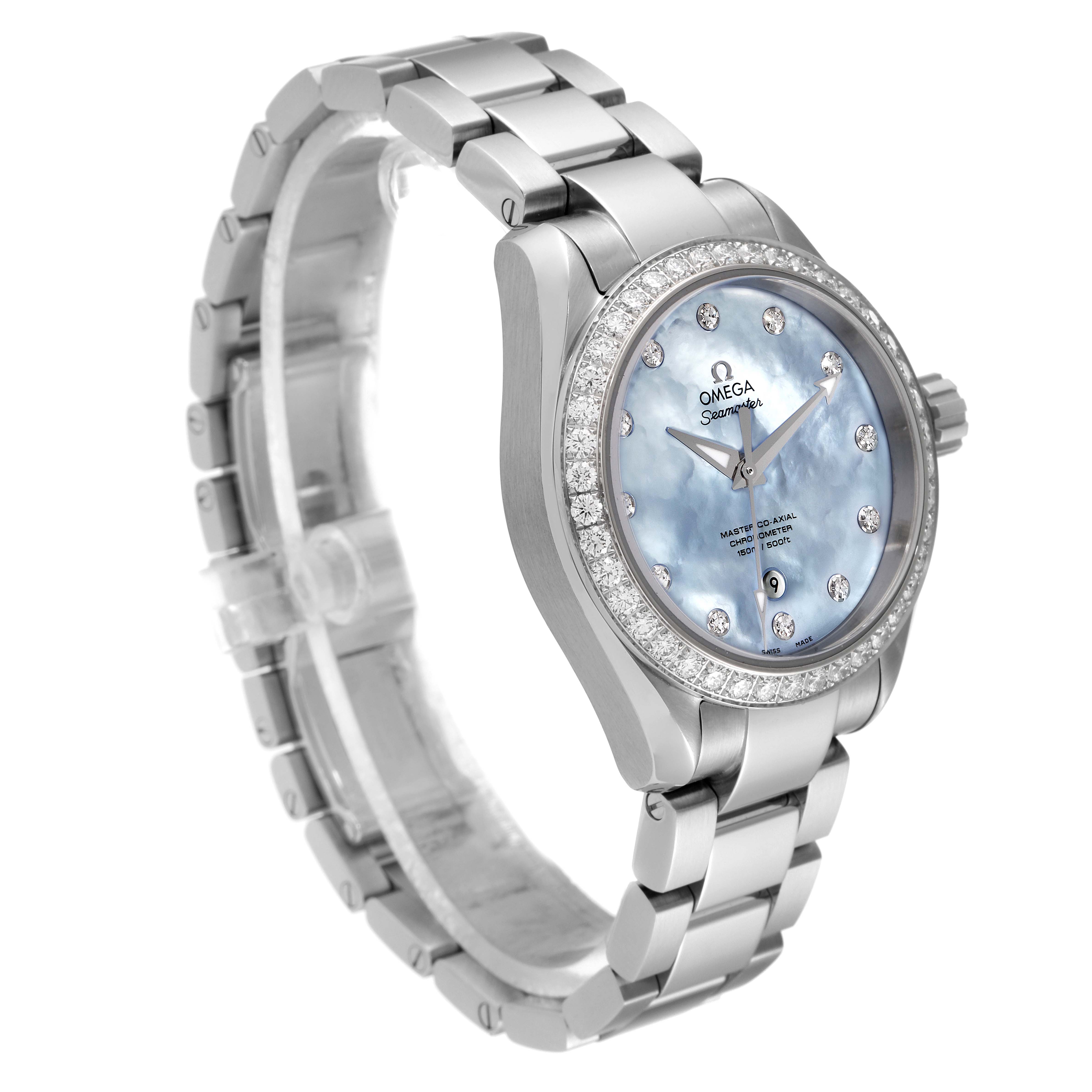 The Omega 231.15.34.20.57.002 Women
s Stainless Steel Mother of Pearl Dial 231.15.34.20.57.002 Women
s Stainless Steel Mother of Pearl Dial Seamaster Aqua Terra MOP Diamond Steel Ladies Watch is shown at a three-quarter angle highlighting the face and bracelet.