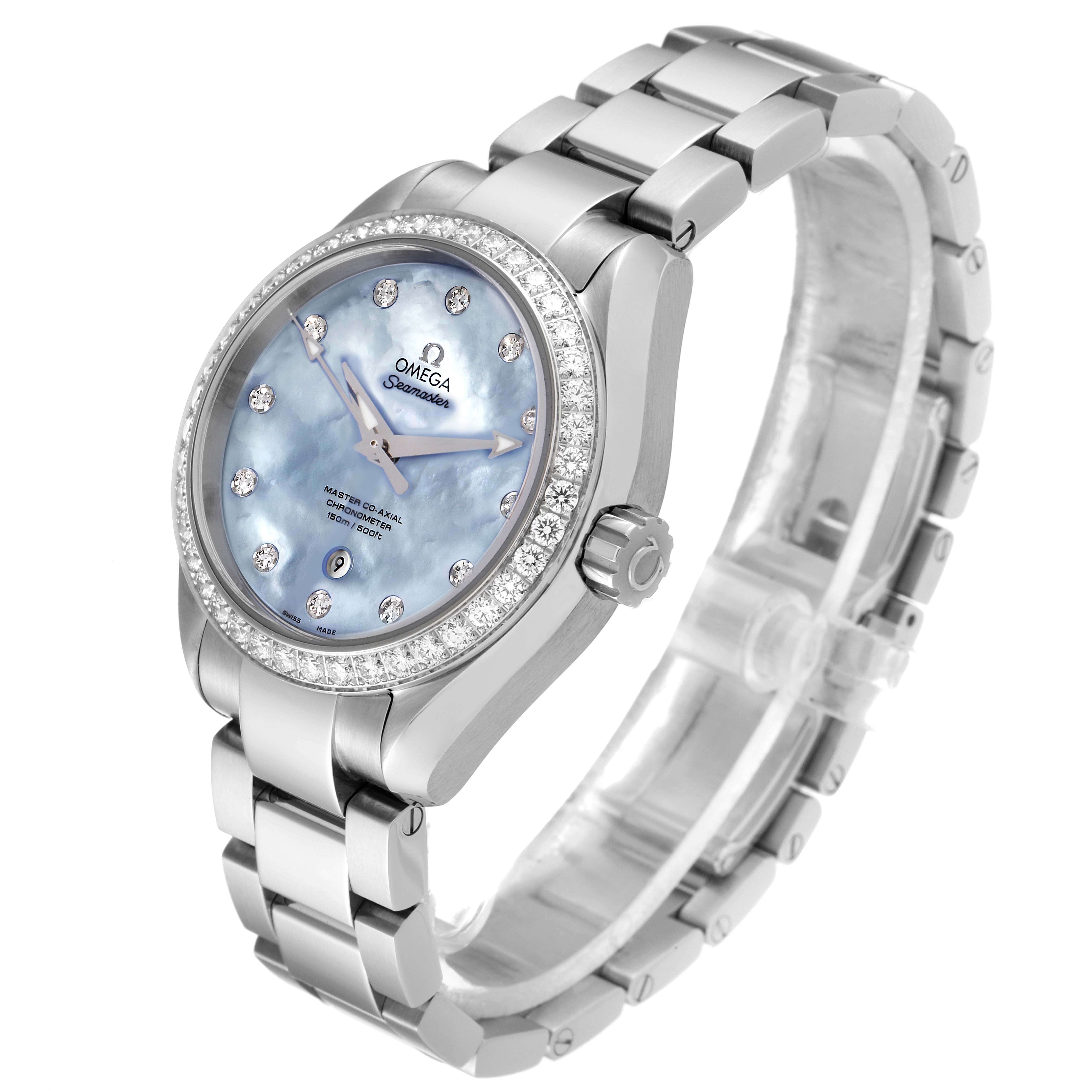 The image shows an Omega 231.15.34.20.57.002 Women
s Stainless Steel Mother of Pearl Dial 231.15.34.20.57.002 Women
s Stainless Steel Mother of Pearl Dial Seamaster Aqua Terra MOP Diamond Steel Ladies Watch model 231.15.34.20.57.002 from a side-angle view, highlighting its bracelet, bezel, and dial.