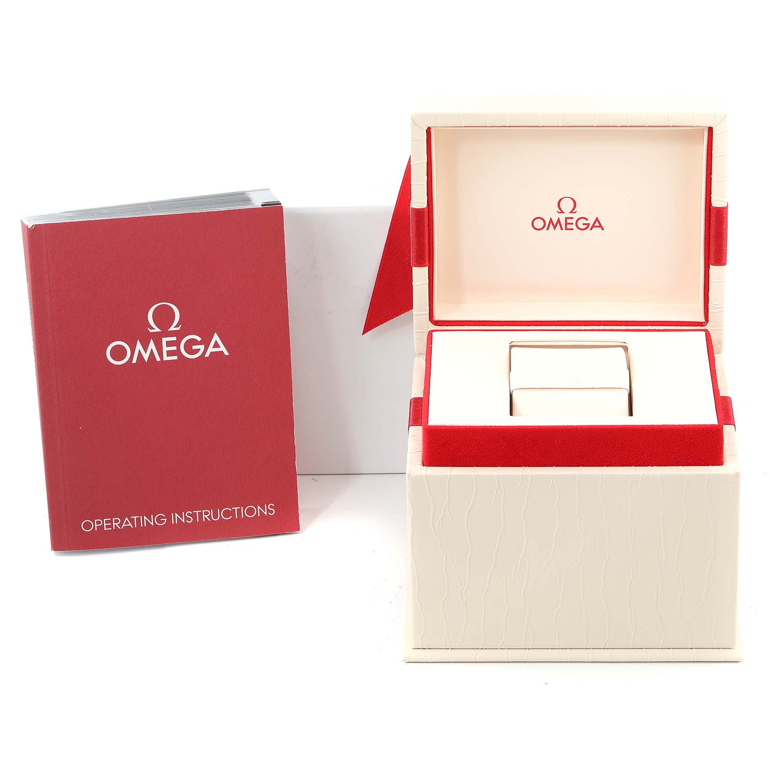This image shows the box and operating instructions for the Omega 231.15.34.20.57.002 Women
s Stainless Steel Mother of Pearl Dial 231.15.34.20.57.002 Women
s Stainless Steel Mother of Pearl Dial Seamaster Aqua Terra MOP Diamond Steel Ladies Watch 231.15.34.20.57.002.