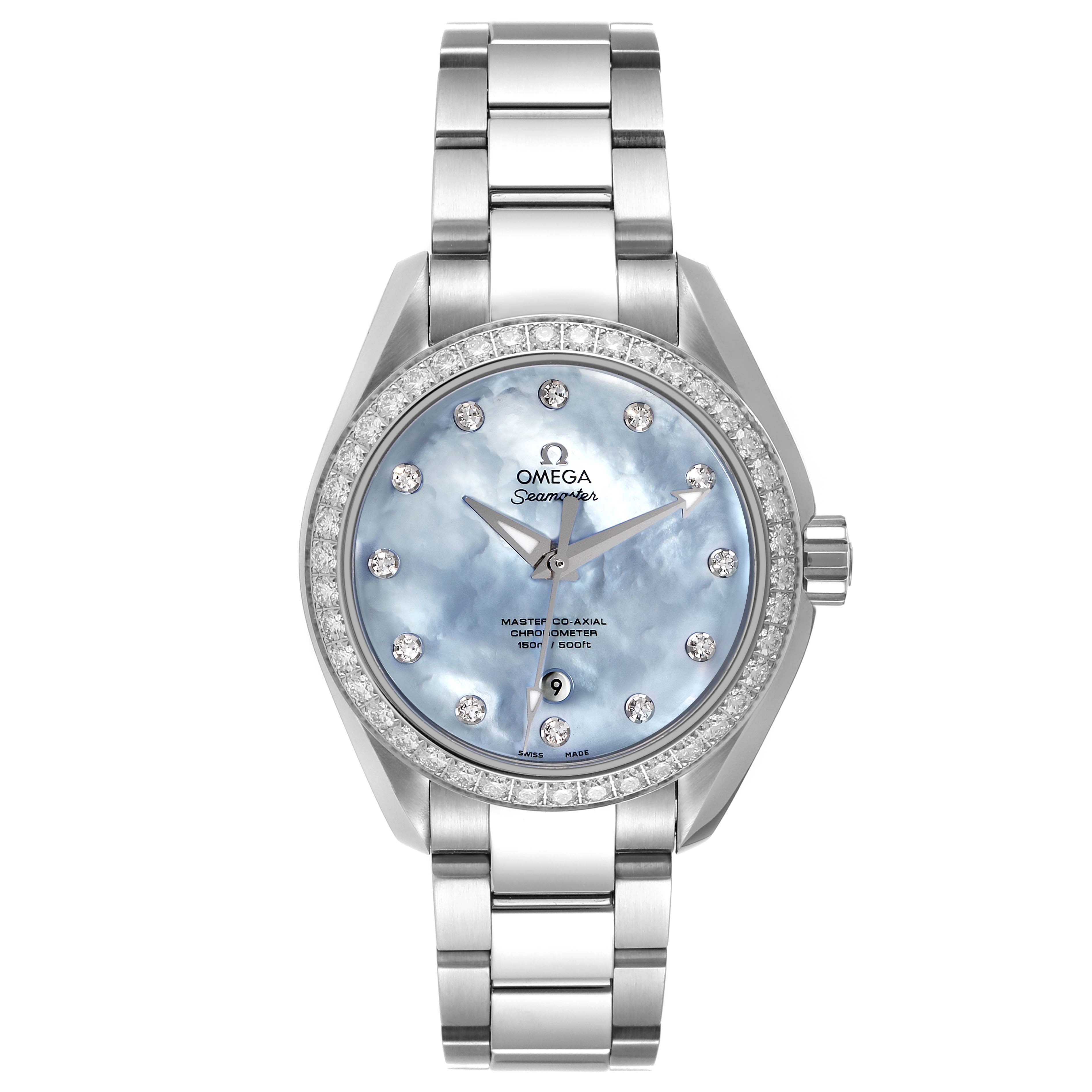 The Omega 231.15.34.20.57.002 Women
s Stainless Steel Mother of Pearl Dial 231.15.34.20.57.002 Women
s Stainless Steel Mother of Pearl Dial Seamaster Aqua Terra MOP Diamond Steel Ladies Watch model 231.15.34.20.57.002 is shown from a frontal angle.