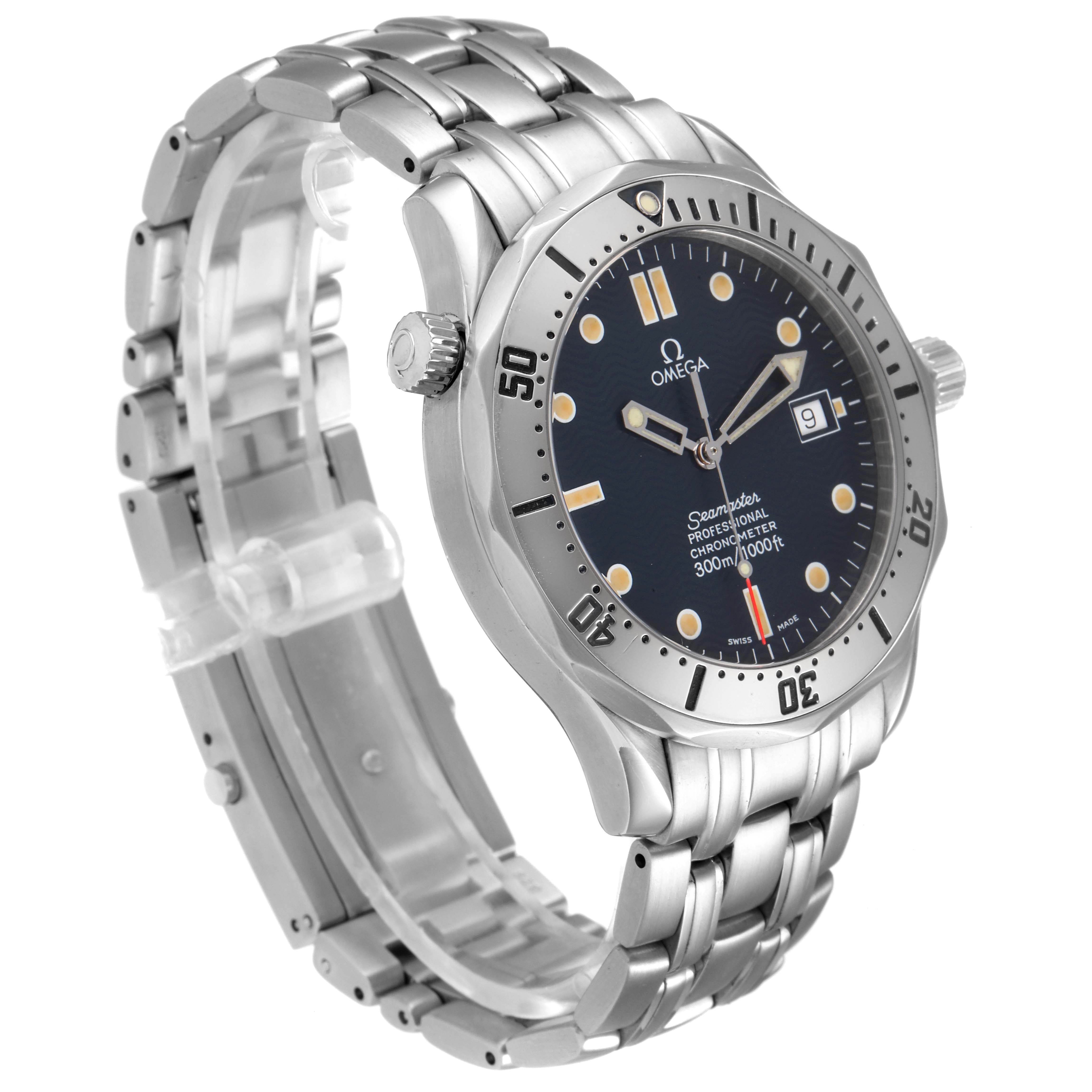 The Omega Seamaster 2532.80.00 Men's Stainless Steel Blue Dial 2532.80.00 Men's Stainless Steel Blue Dial watch is shown at an angle displaying its face, bezel, crown, and metal bracelet.