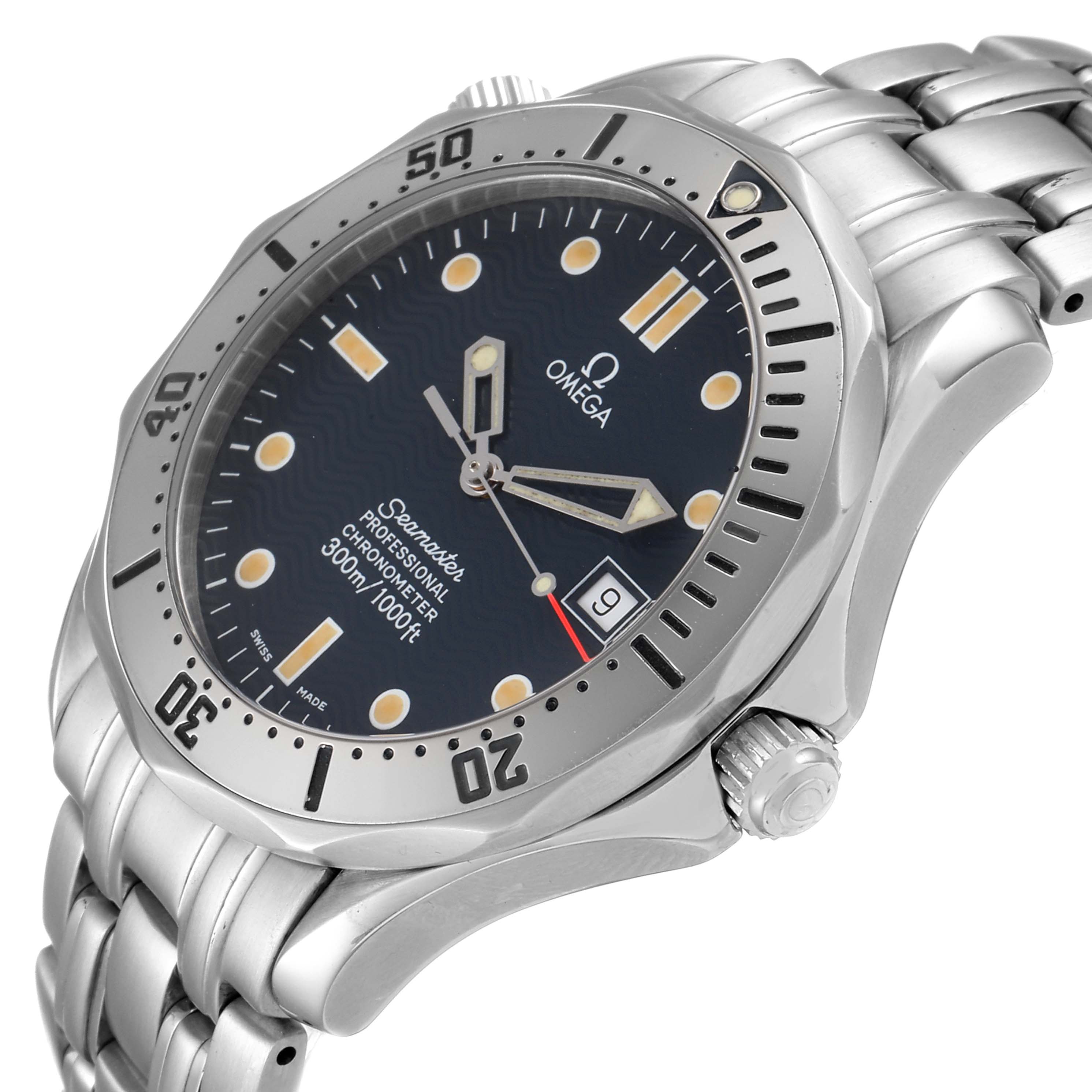 The image shows an angled view of the Omega Seamaster 2532.80.00 Men's Stainless Steel Blue Dial 2532.80.00 Men's Stainless Steel Blue Dial watch, displaying the face, bezel, crown, and part of the bracelet.