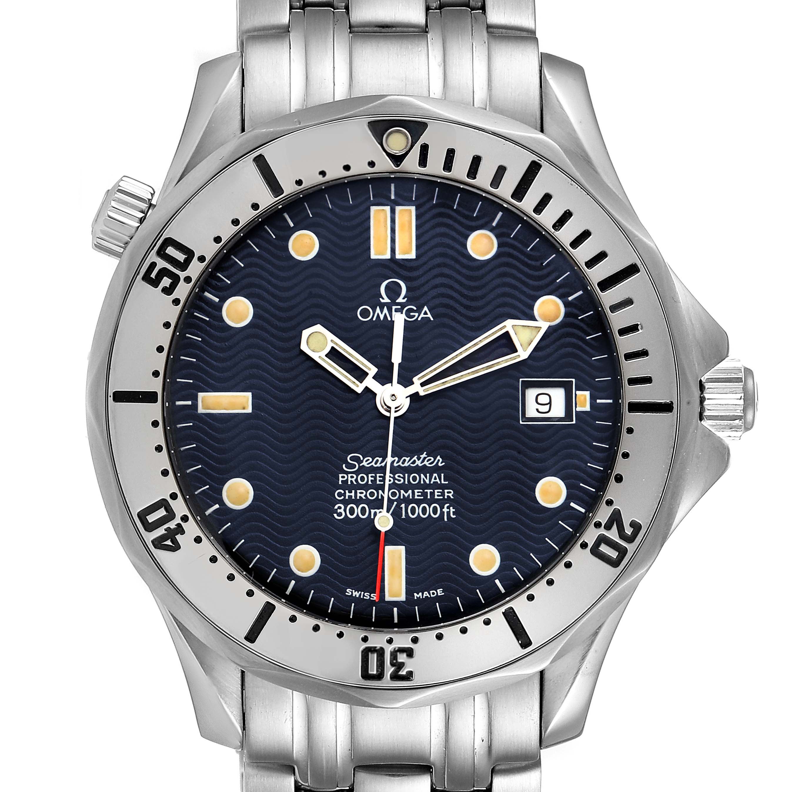 The image shows a front view of the Omega Seamaster 2532.80.00 Men's Stainless Steel Blue Dial 2532.80.00 Men's Stainless Steel Blue Dial watch, highlighting the dial, hands, bezel, date window, and bracelet.