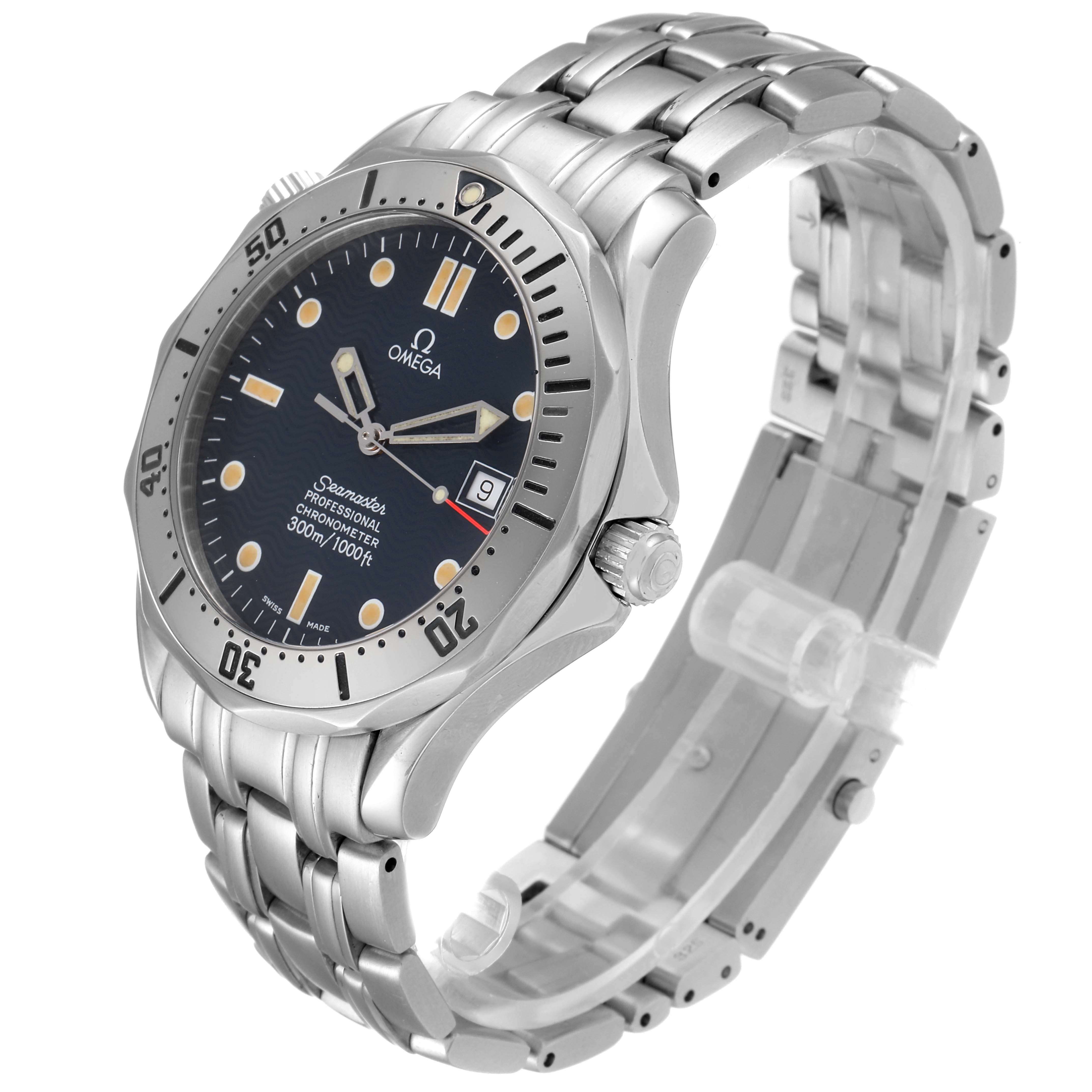 The Omega Seamaster 2532.80.00 Men's Stainless Steel Blue Dial 2532.80.00 Men's Stainless Steel Blue Dial watch is shown at an angle highlighting its face, bezel, and stainless steel bracelet.