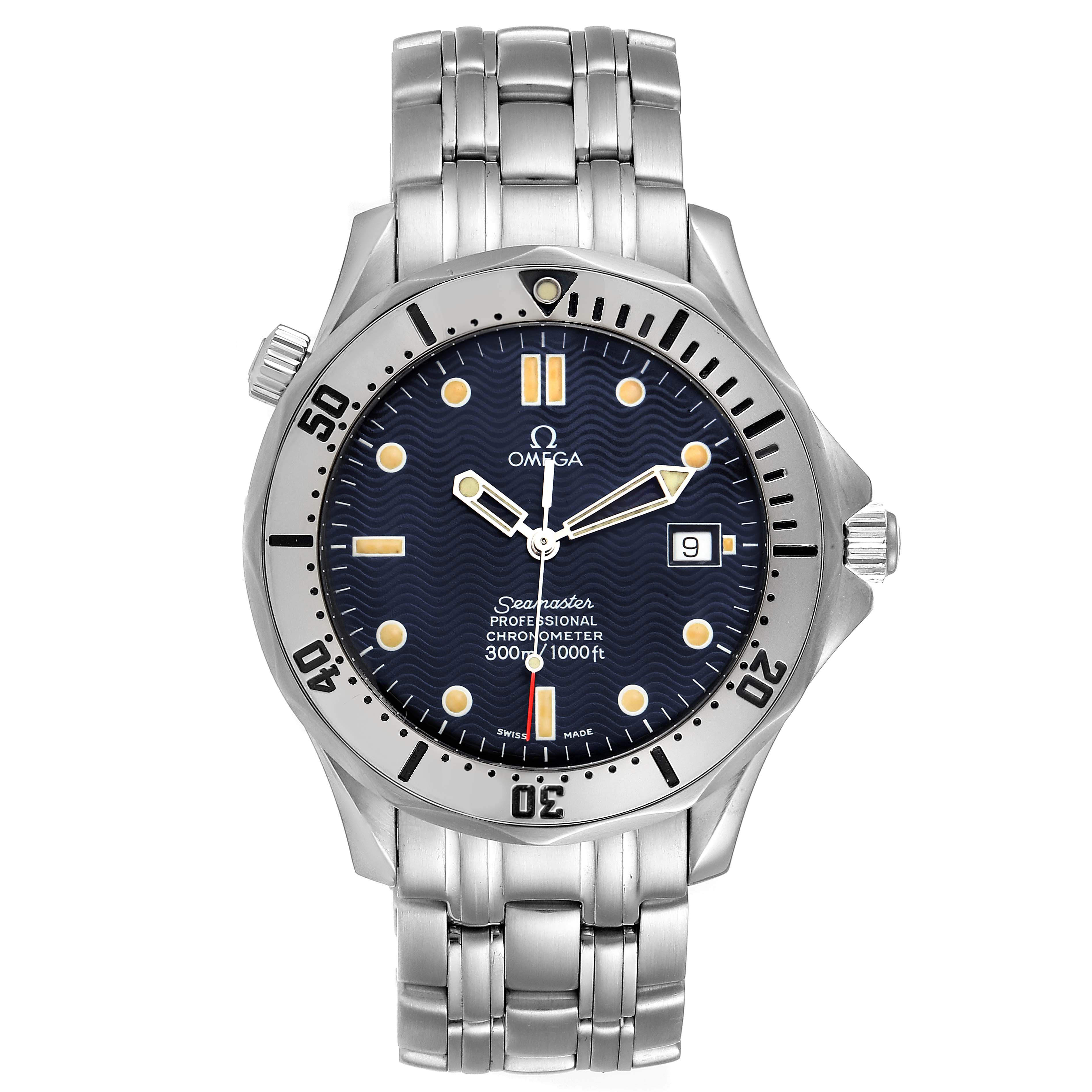 This Omega Seamaster 2532.80.00 Men's Stainless Steel Blue Dial 2532.80.00 Men's Stainless Steel Blue Dial watch is shown from a front angle displaying the face, bezel, hands, bracelet, and date window.