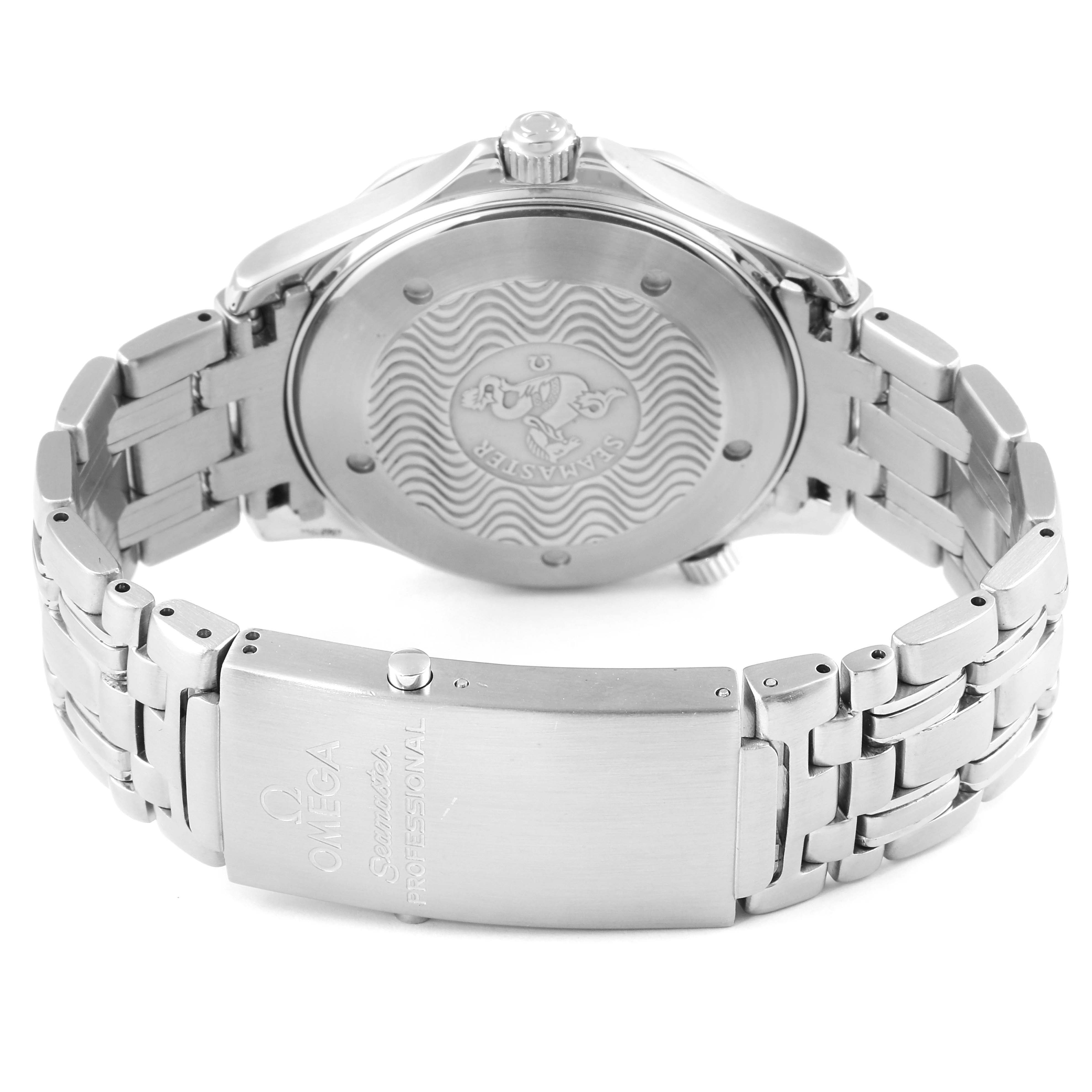 The image shows the back case and clasp of an Omega Seamaster 2532.80.00 Men's Stainless Steel Blue Dial 2532.80.00 Men's Stainless Steel Blue Dial watch from a rear angle.