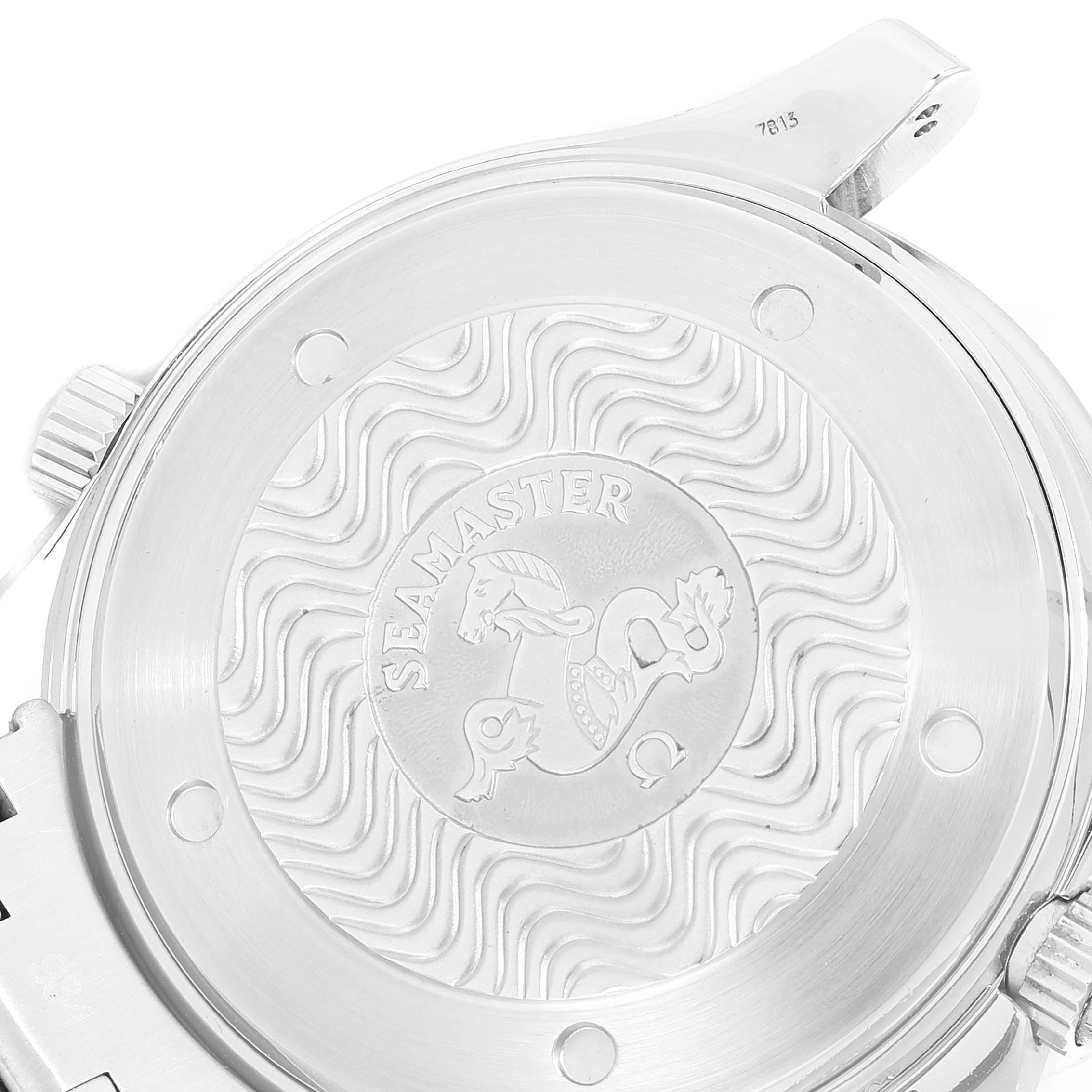 The image shows the case back of an Omega Seamaster 2594.52.00 Men's Stainless Steel Black Dial 2594.52.00 Men's Stainless Steel Black Dial watch, prominently displaying the Seamaster engraving and emblem.