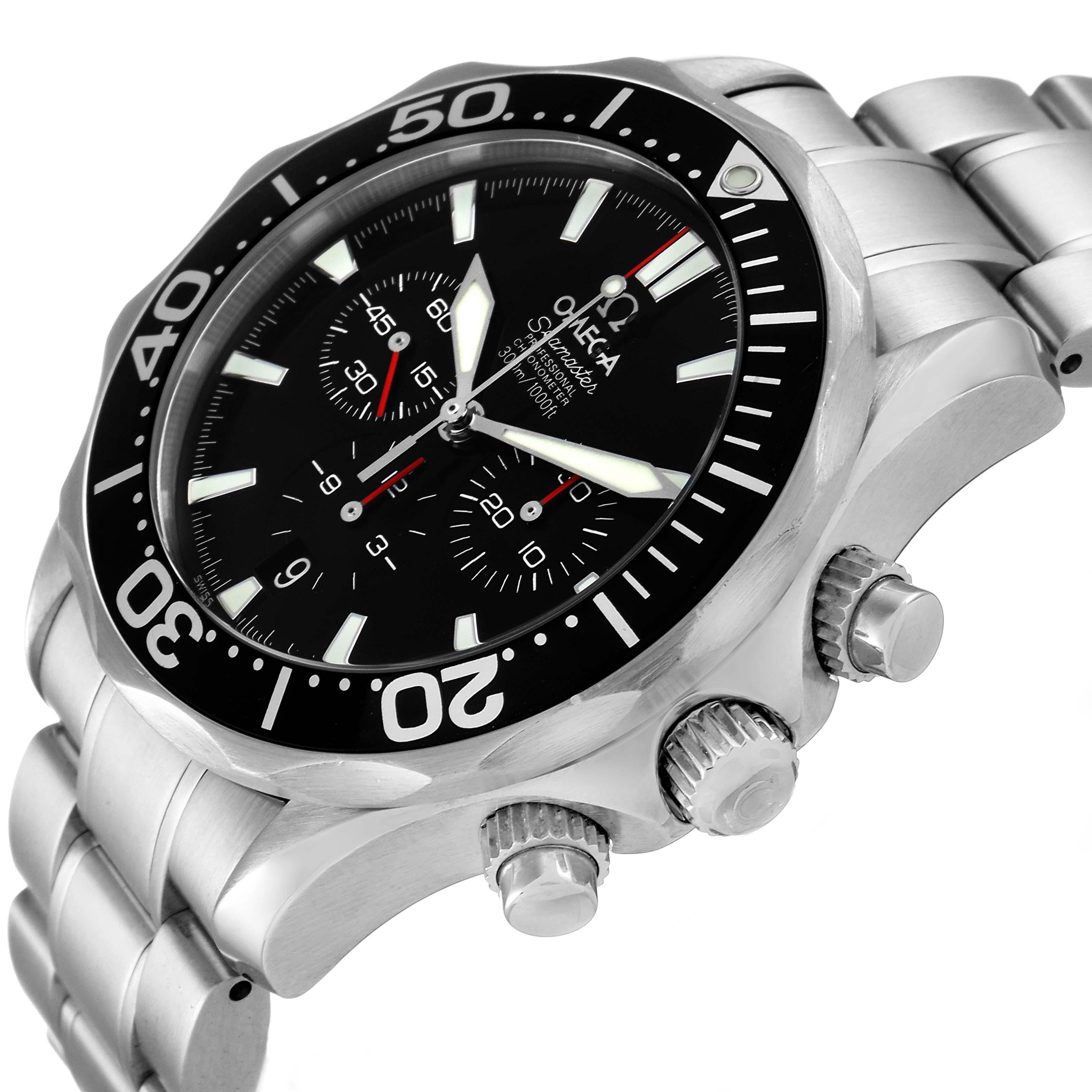 The image shows an Omega Seamaster 2594.52.00 Men's Stainless Steel Black Dial 2594.52.00 Men's Stainless Steel Black Dial watch at an angled view, highlighting the dial, bezel, and crown with its pushers.