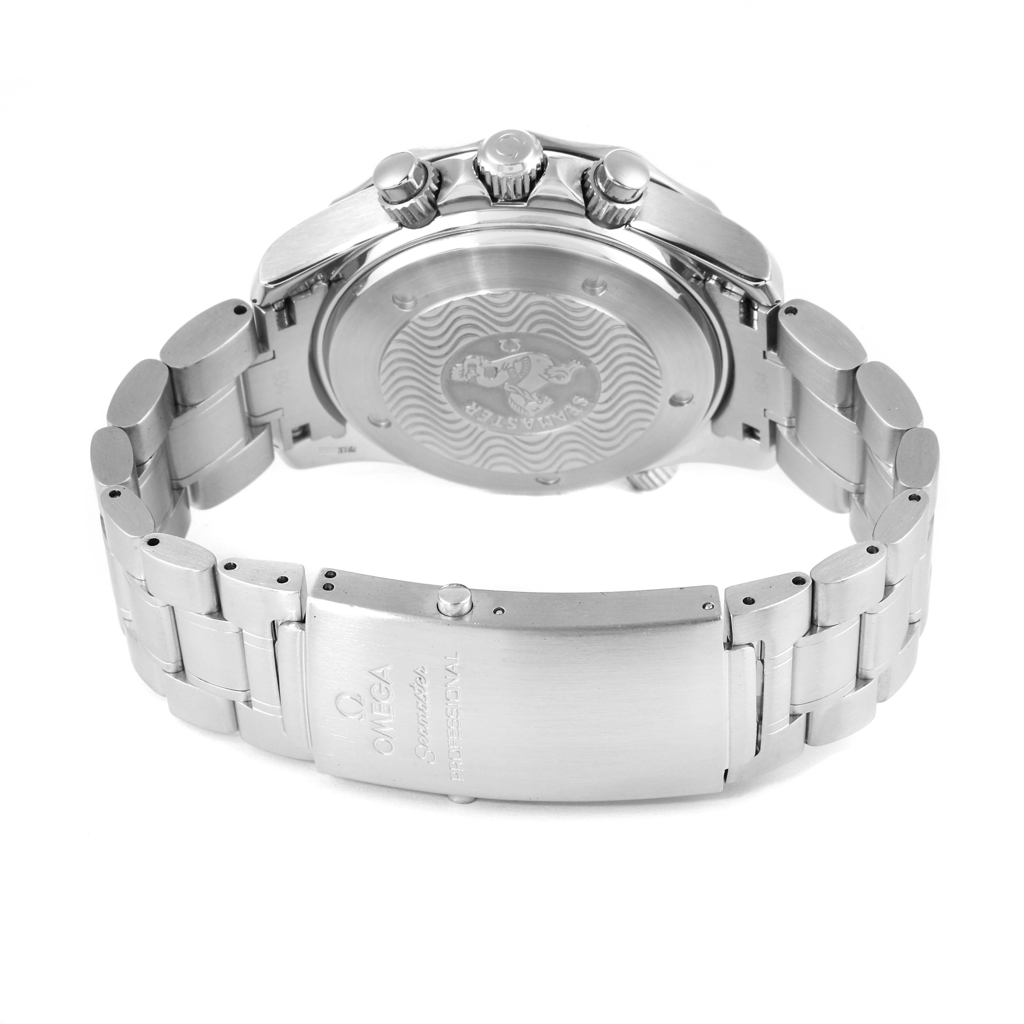 The image shows the back case and bracelet of an Omega Seamaster 2594.52.00 Men's Stainless Steel Black Dial 2594.52.00 Men's Stainless Steel Black Dial watch, highlighting the clasp and caseback details.