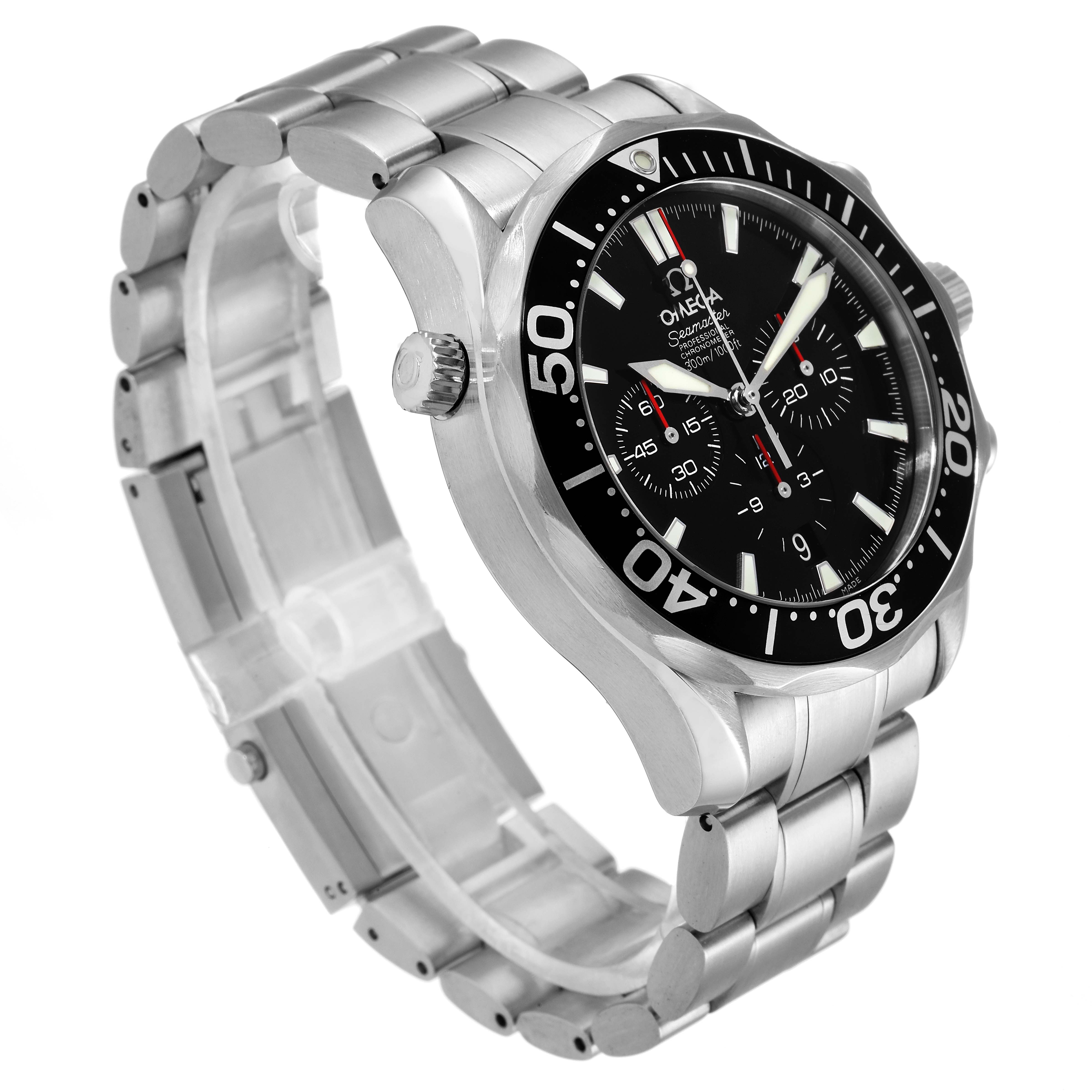 The image shows an angled view of an Omega Seamaster 2594.52.00 Men's Stainless Steel Black Dial 2594.52.00 Men's Stainless Steel Black Dial watch, highlighting its dial, bezel, crown, and stainless steel bracelet.